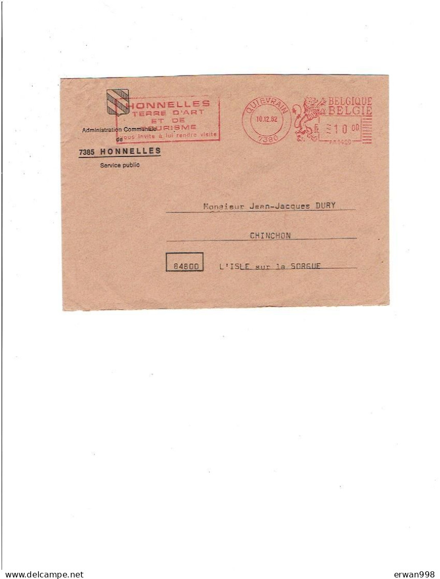 BELGIQUE QUIEVRAIN  EMA Rouge Du 10/12/1982 HONNELLES, Terre D'art Et De Tourisme    981 - Other & Unclassified