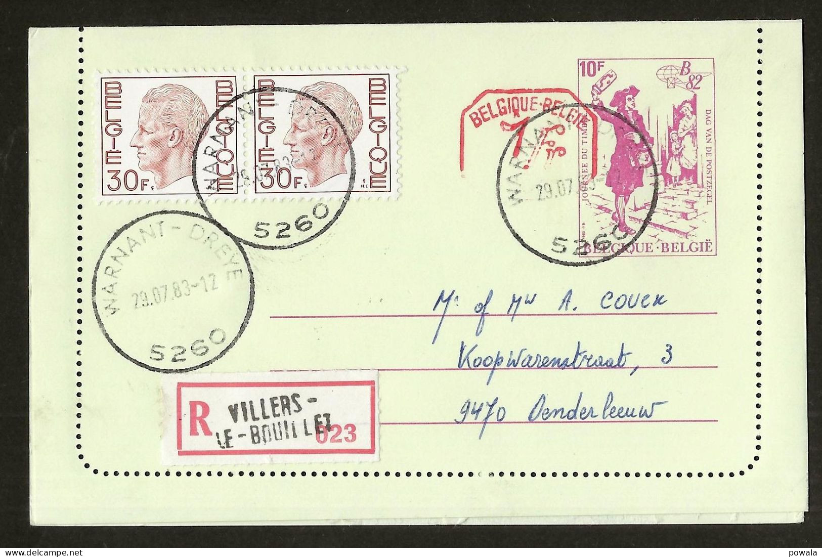 Bestellershalte WARNANT-DREYE 29/7/1983 Stempel Zonder Sterren Op Recommande Postblad 49M1 Met Rode Opdruk - Postmarks With Stars