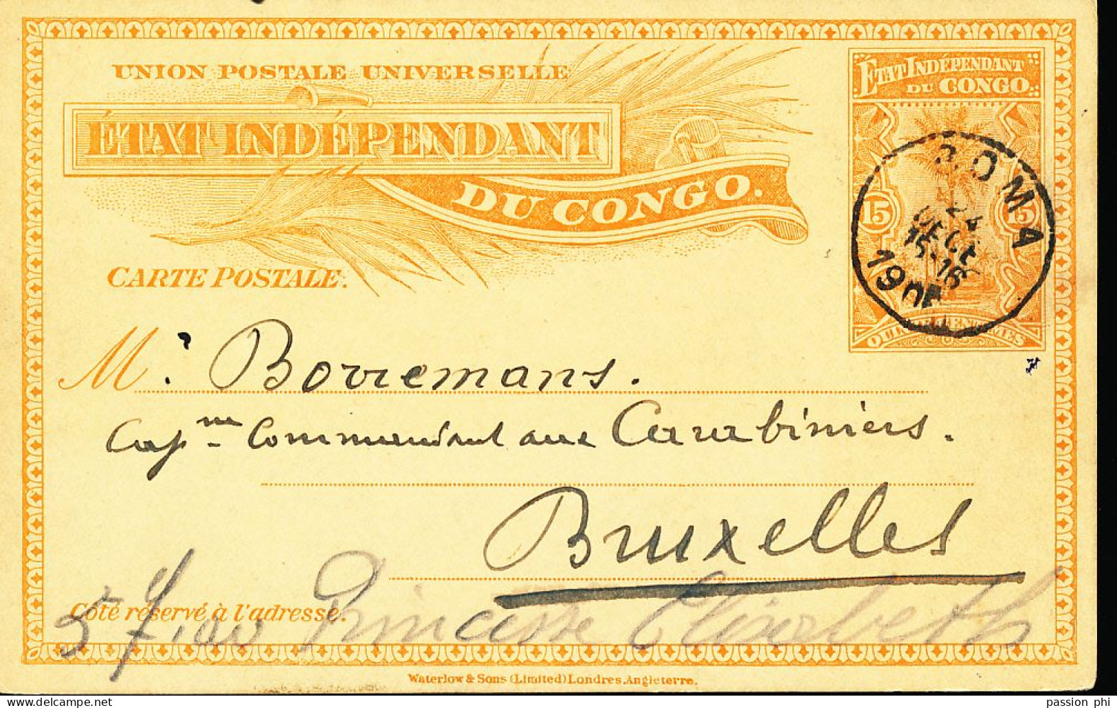 TT BELGIAN CONGO PS SBEP 27 FROM BOMA 24.12.1900 TO BRUSSELS - Postwaardestukken