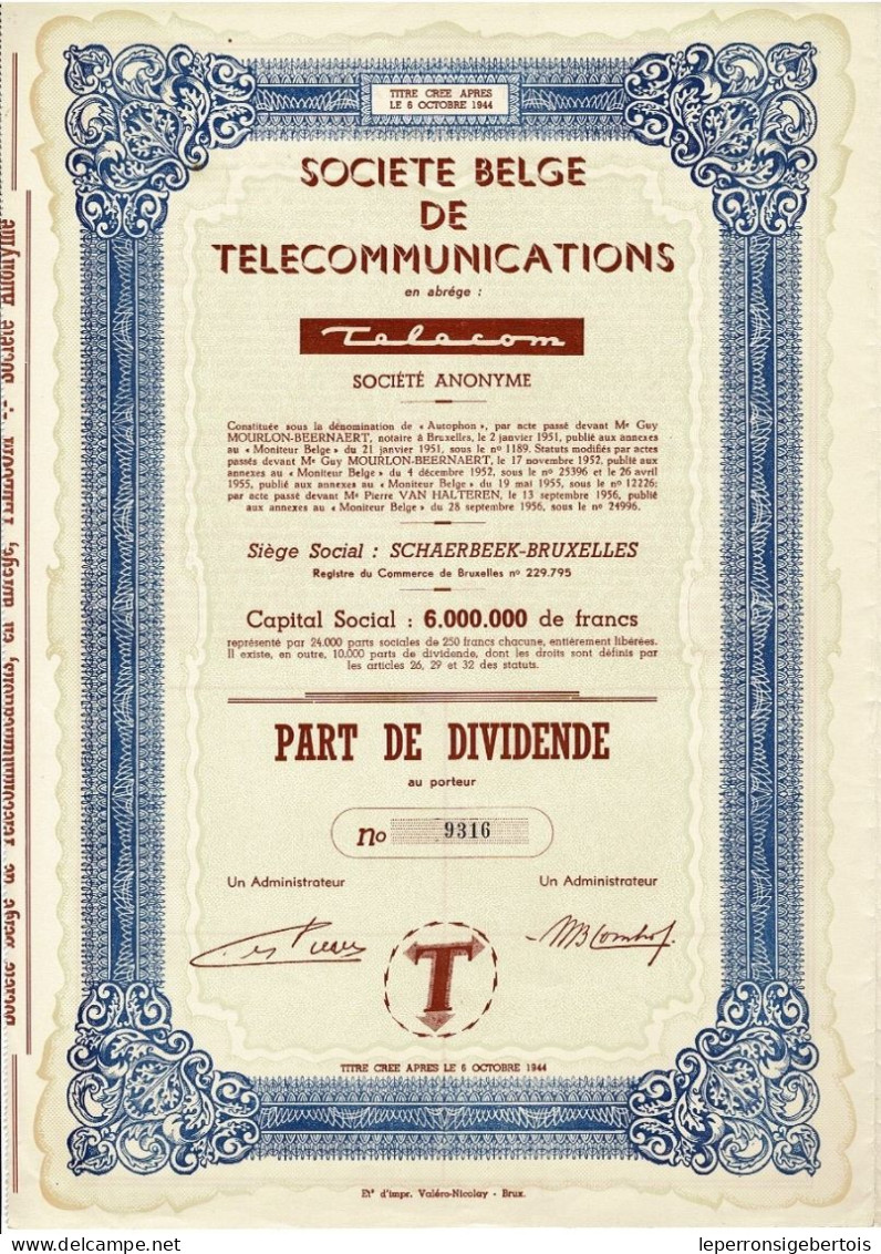 - Titre De 1956 - Société Belge De Télécommunications - TELECOM - - Industrie