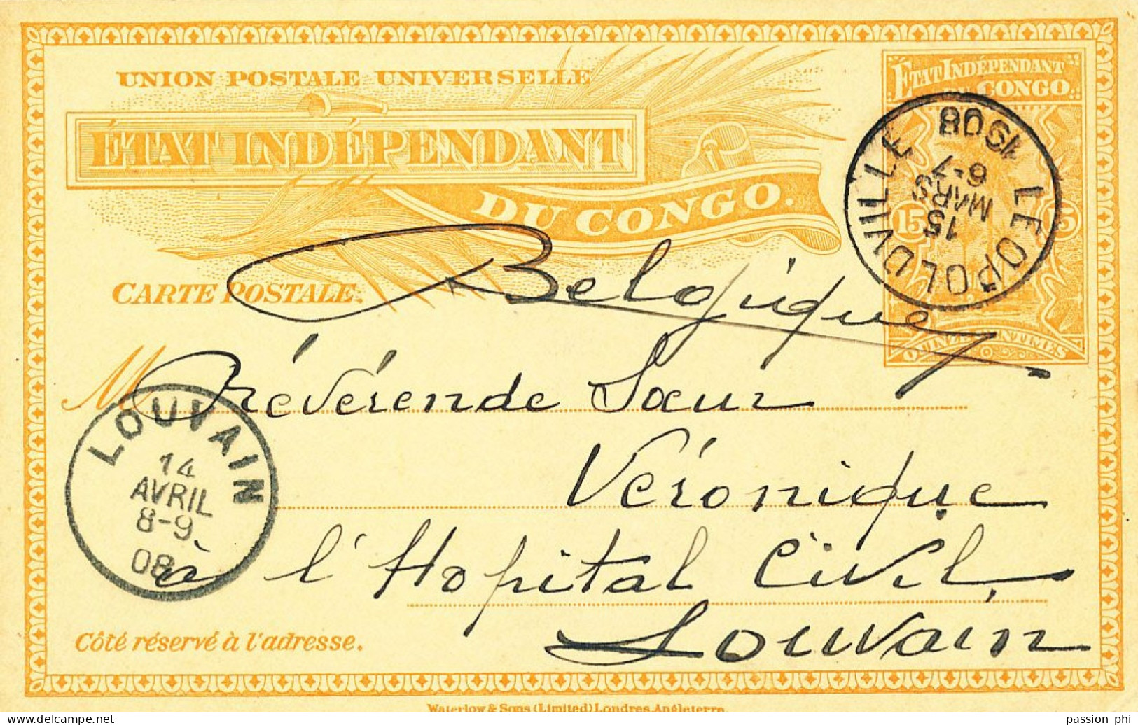 TT BELGIAN CONGO PS SBEP 27 FROM LEO. 15.03.1908 TO LEUVEN - Entiers Postaux