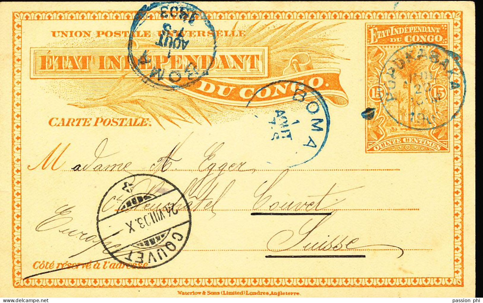 TT BELGIAN CONGO PS SBEP 27 FROM POPOKABAKA 20.07.1903 TO SWITZERLAND - Ganzsachen