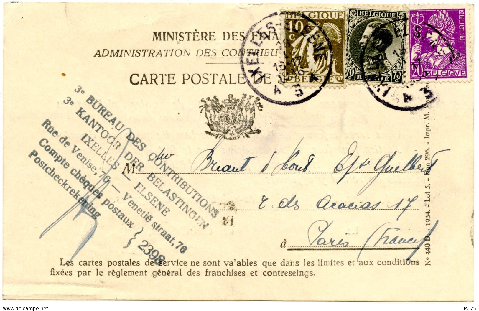 BELGIQUE - COB 337+338+401 SUR CARTE DES CONTRIBUTIONS POUR LA FRANCE, 1936 - 1915-1920 Alberto I