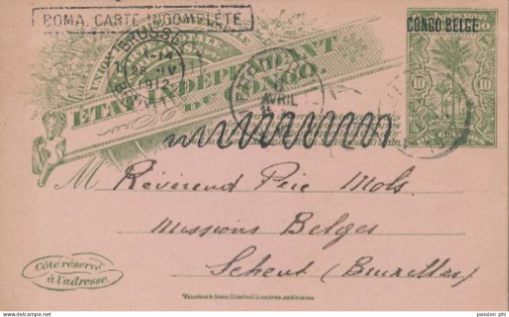 TT BELGIAN CONGO PS SBEP 33 LT REPLY  "BOMA CARTE INCOMPLETE"  TO MISSIONS OF SCHEUT BRUSSELS - Enteros Postales