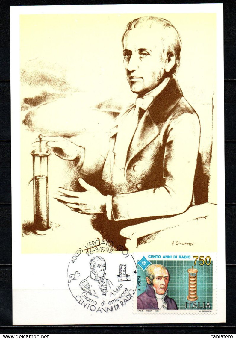 ITALIA - 1992 - ALESSANDRO VOLTA - CENTENARIO DELLA RADIO - Maximum Cards