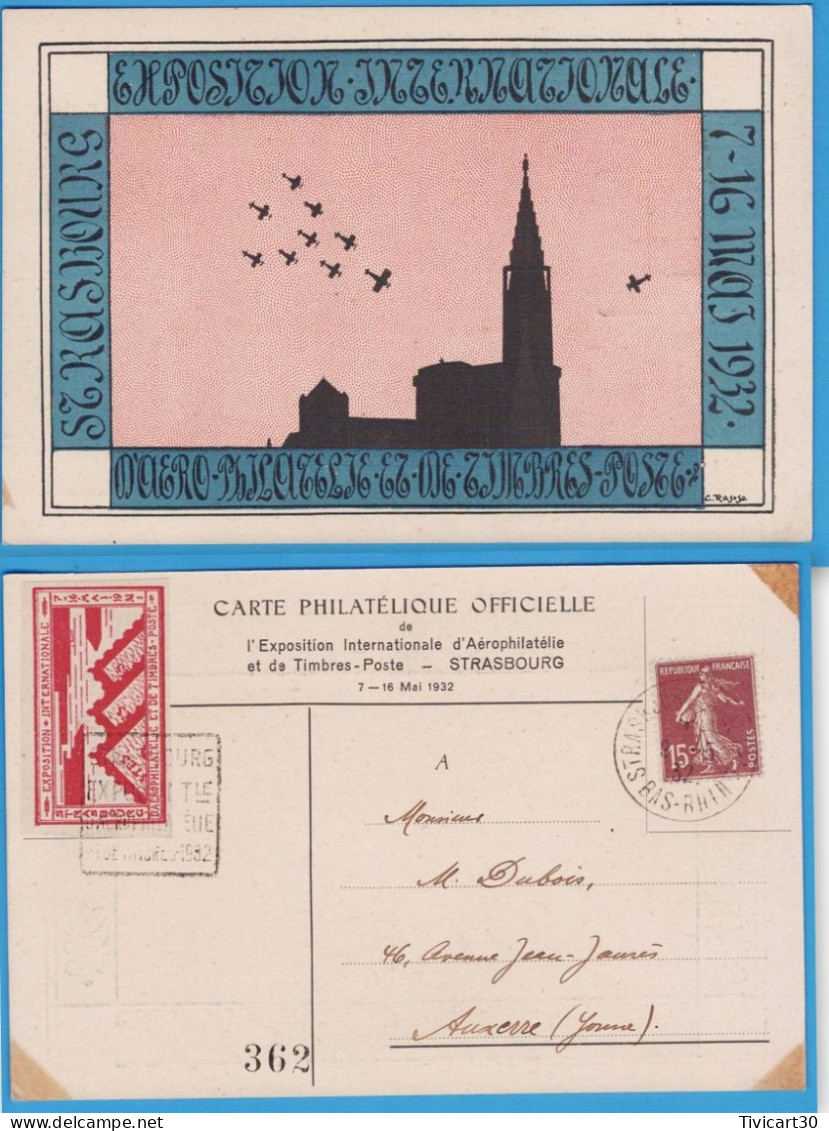 CARTE PHILATELIQUE - EXPOSITION AEROPHILATELIE ET TIMBRES-POSTE STRASBOURG MAI 1932 - VIGNETTE ET OBLITERATIONS EXPO. - Aviación