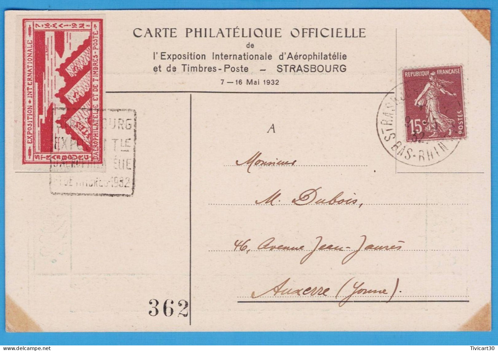 CARTE PHILATELIQUE - EXPOSITION AEROPHILATELIE ET TIMBRES-POSTE STRASBOURG MAI 1932 - VIGNETTE ET OBLITERATIONS EXPO. - Luchtvaart