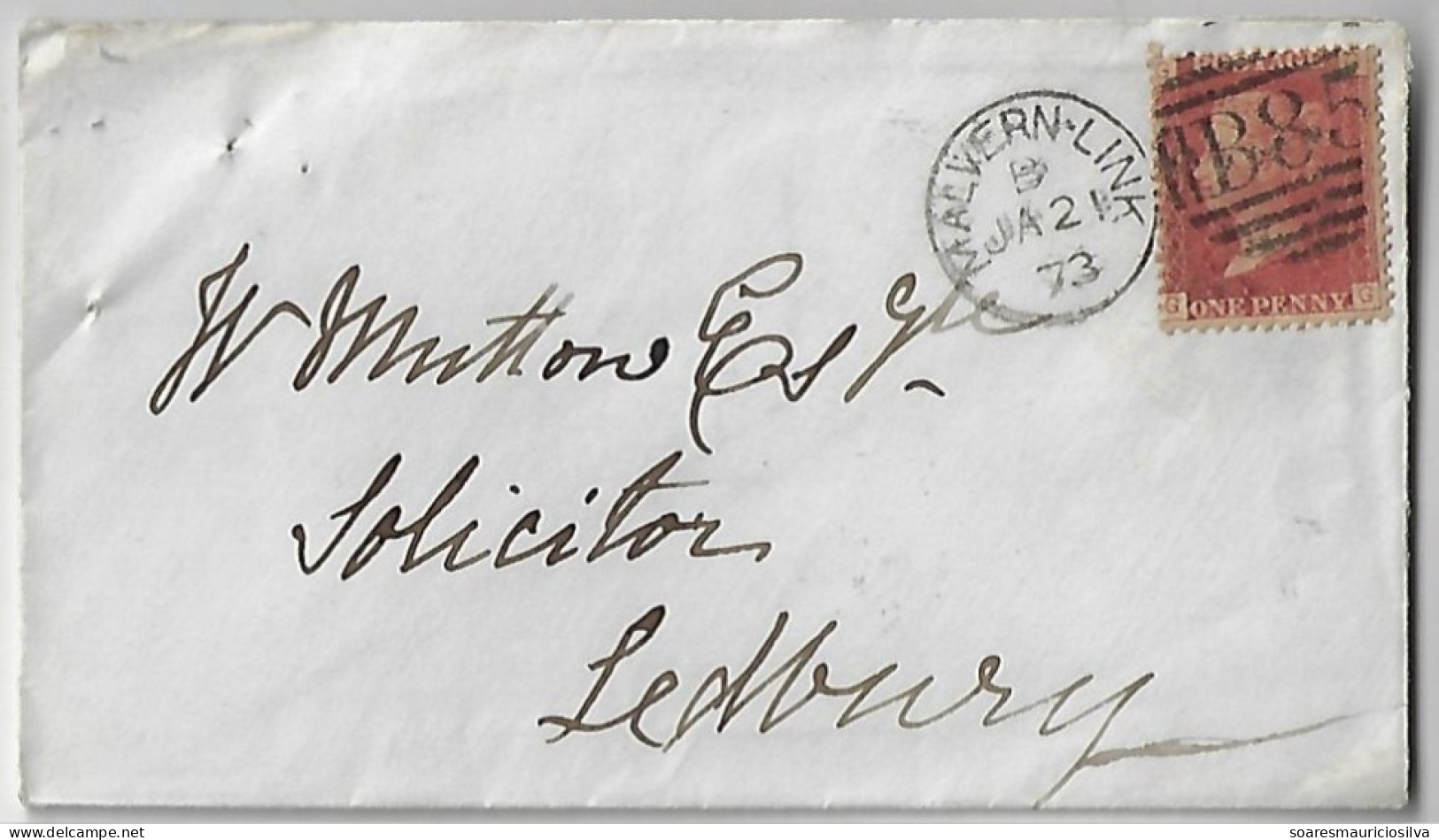 Great Britain 1873 Cover Malvern Lin To Ledbury Stamp 1 Penny Red Perforate Corner Letter GG Queen Victoria Plate 145 - Lettres & Documents