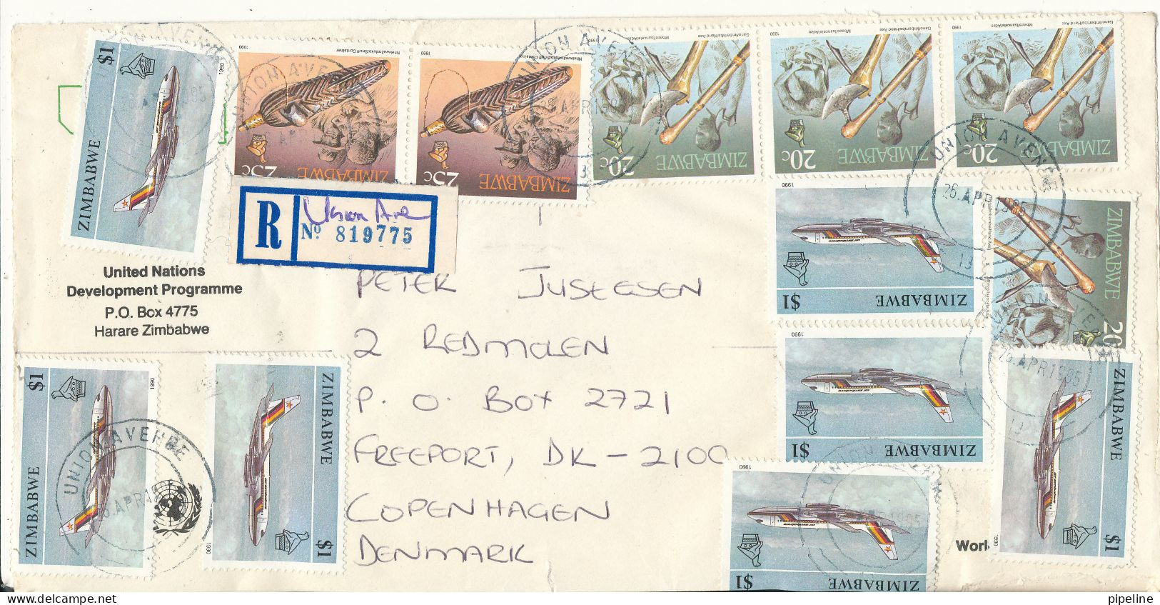 Zimbabwe Registered Cover Sent To Denmark 25-4-1995 (from UN Development Programme Harare) Stamps On Front And Back Side - Zimbabwe (1980-...)