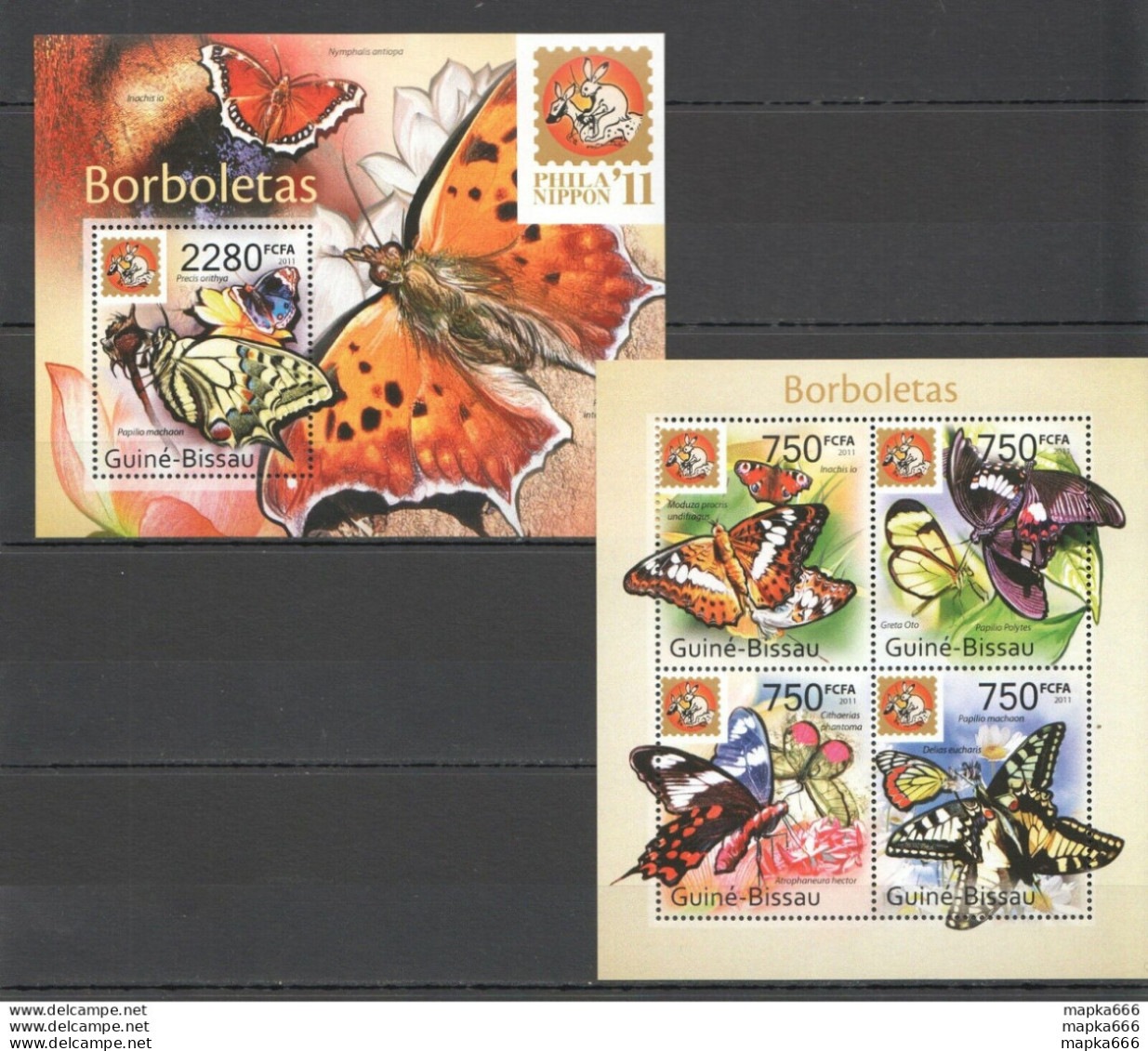 Bc636 2011 Guinea-Bissau Flora & Fauna Butterflies Bl+Kb Overprint Mnh - Papillons