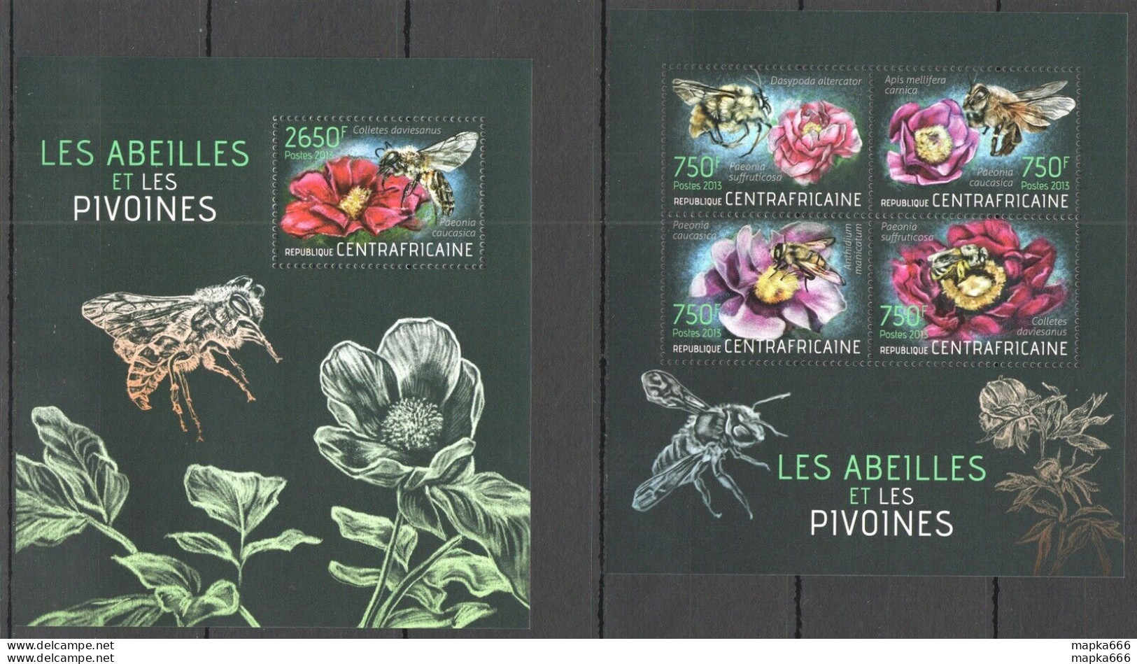 Ca602 2013 Central Africa Flora & Fauna Flowers Honey Bees Piones Kb+Bl Mnh - Honingbijen