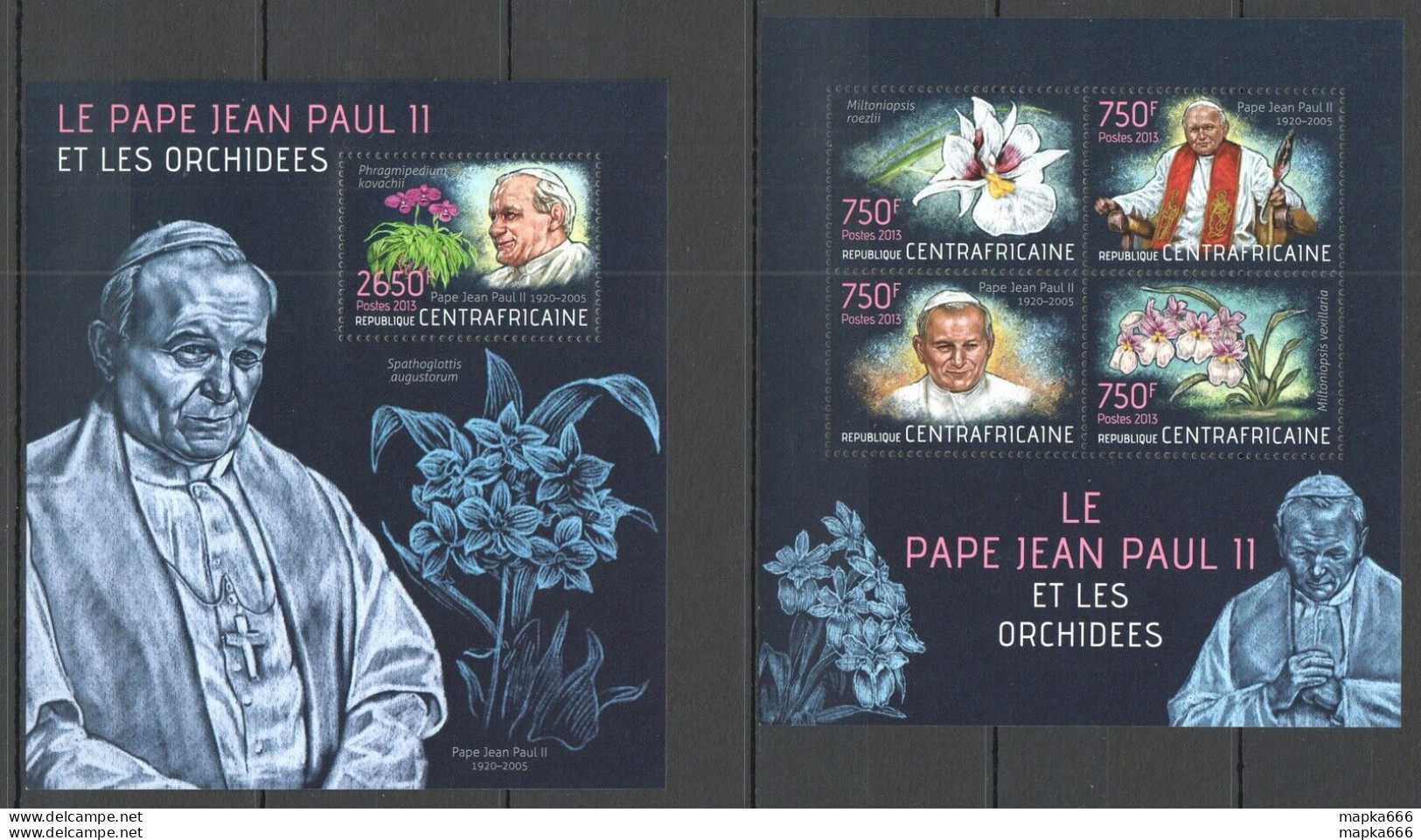 Ca624 2013 Central Africa Flora Flowers Orchids Pope Jean-Paul Ii Kb+Bl Mnh - Orchidées