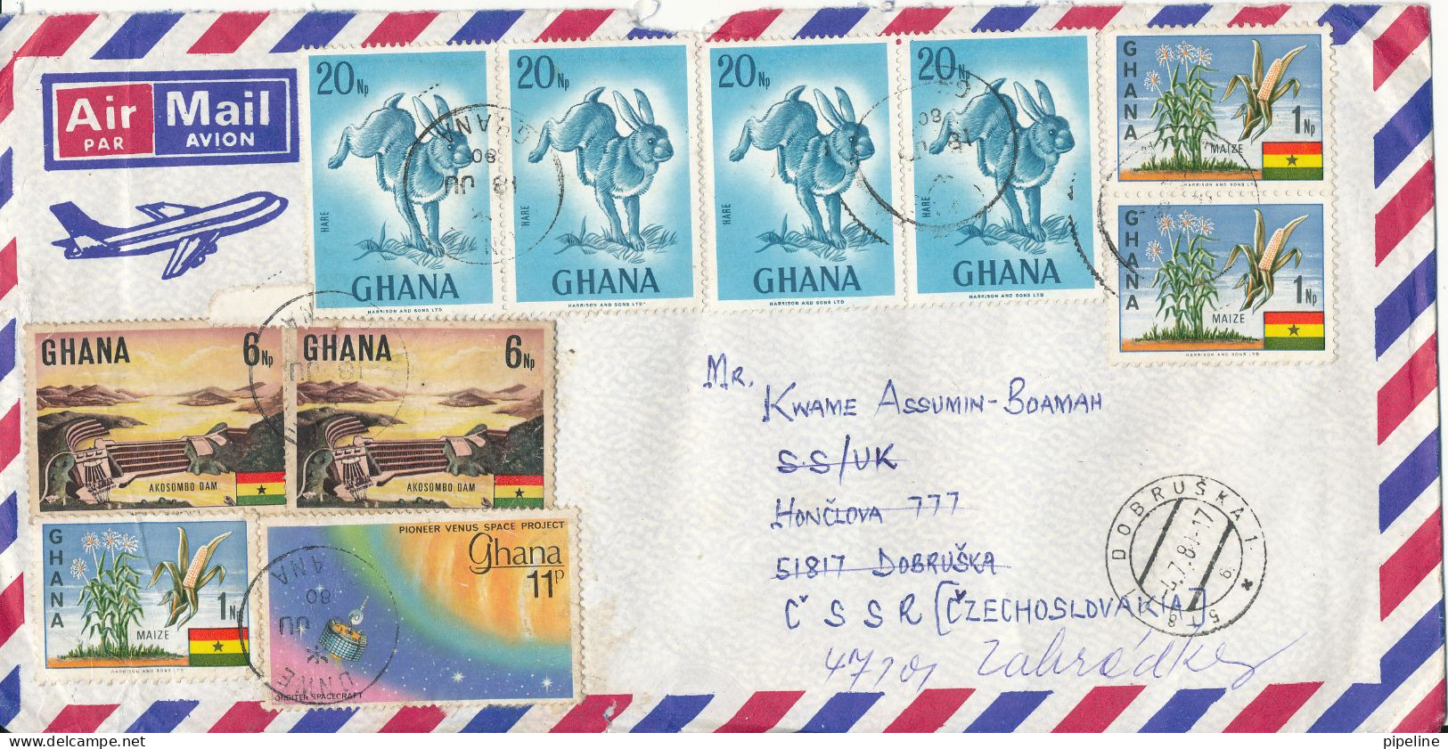 Ghana Air Mail Cover Sent To Czechoslovakia 18-7-1980 With A Lot Of Topic Stamps (small Tears On The Cover) - Ghana (1957-...)