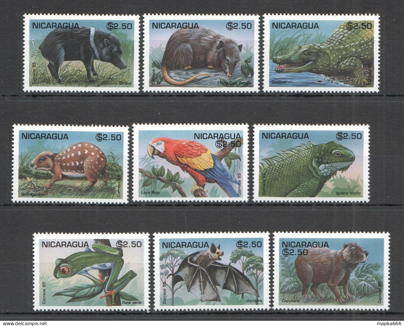 Pk 1995 Nicaragua Fauna Wild Animals Reptiles Birds Set Mnh - Sonstige & Ohne Zuordnung