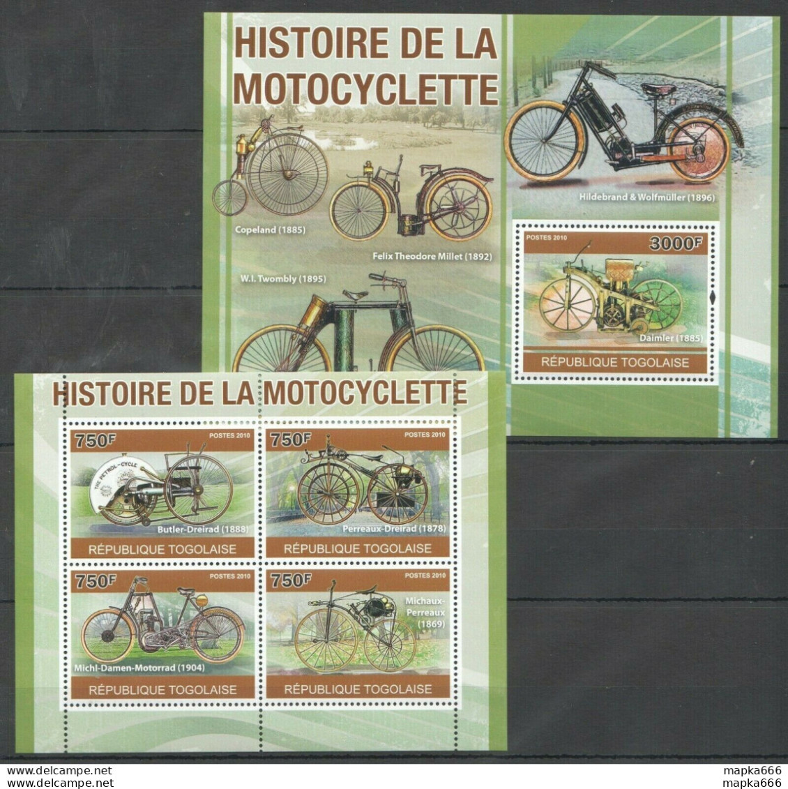 Tg1255 2010 Togo Transport History The Motorcycles Motocyclette Bl+Kb Mnh - Motorräder