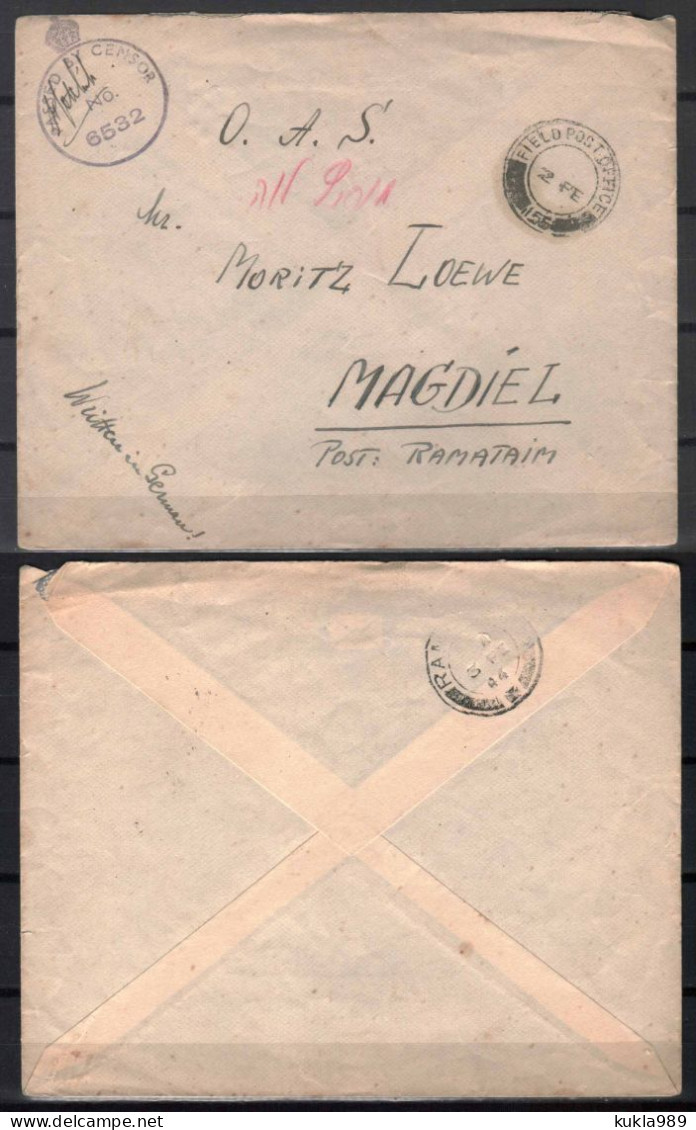 BRITISH PALESTINE ISRAEL. WW II. CENSORED FIELD POST INLAND COVER - British Levant