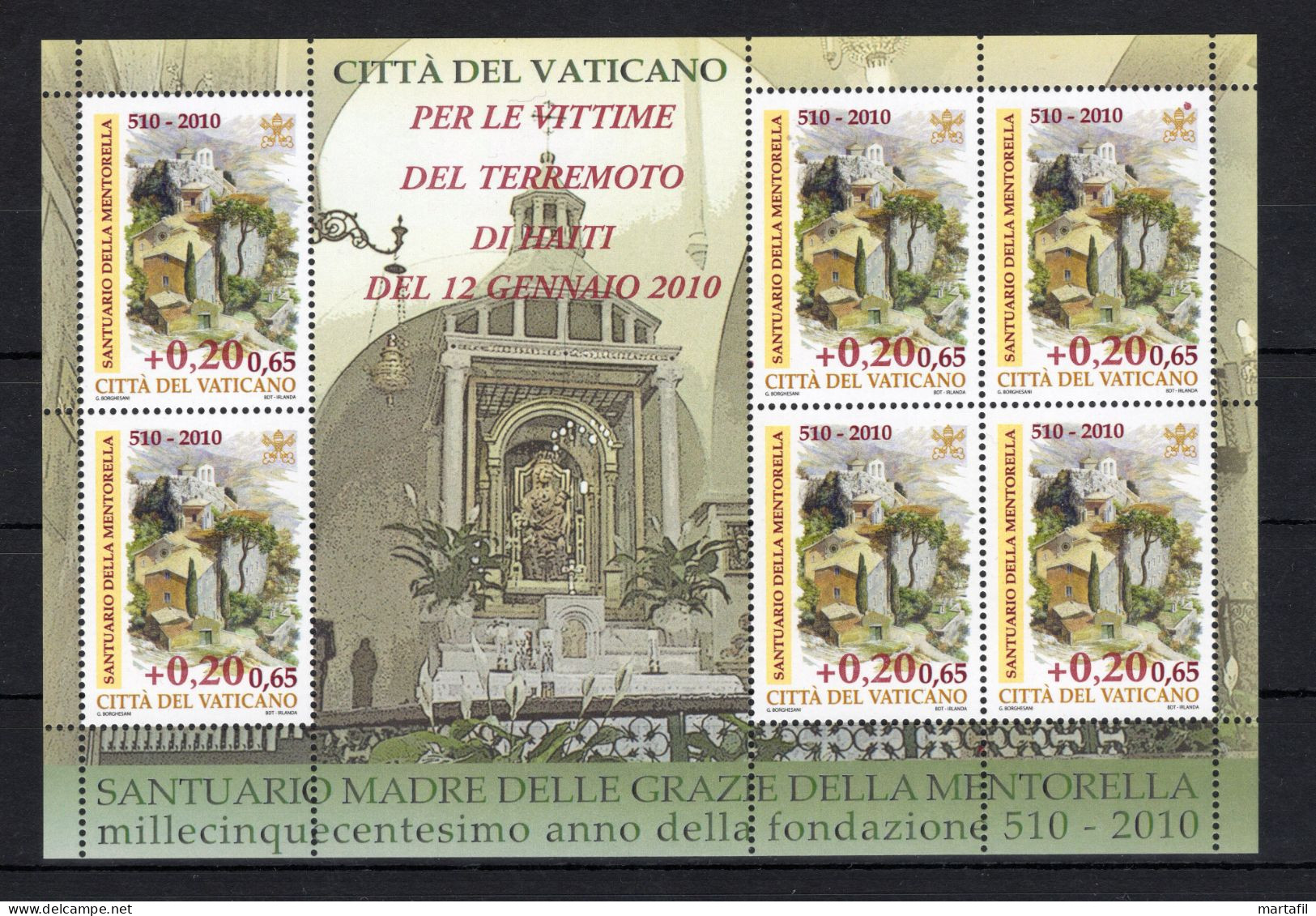 2010 VATICANO BF 93 MNH ** 1500° Anniversario Della Fondazione Del Santuario Madre Delle Grazie Della Mentorella - Blocchi E Foglietti