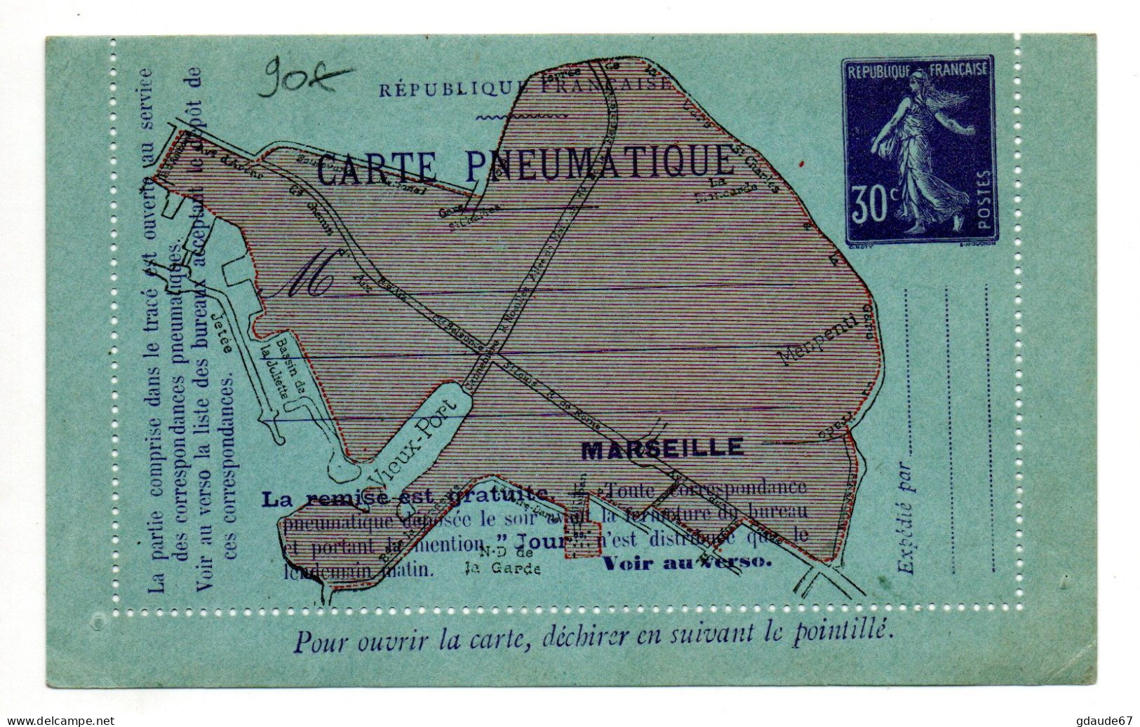 ENTIER POSTALE SEMEUSE 30C VIOLET CARTE LETTRE PNEUMATIQUE MARSEILLE NEUF - Pneumatici