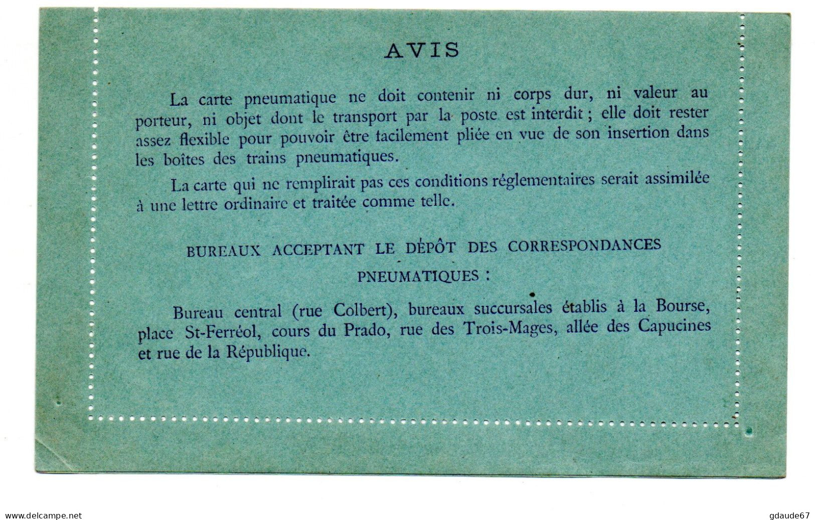 ENTIER POSTALE SEMEUSE 30C VIOLET CARTE LETTRE PNEUMATIQUE MARSEILLE NEUF - Pneumatische Post