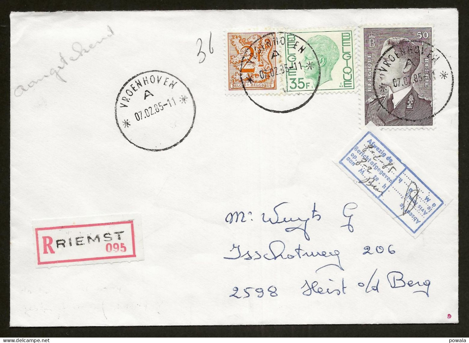 Sterstempel Bestellershalte VROENHOVEN 7/2/1985 (postcode Geschrapt) Op Recommande - Sterstempels