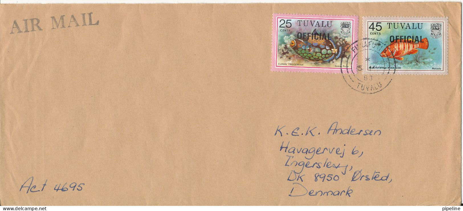 Tuvalu Cover Overprinted OFFICIAL Sent Air Mail To Denmark 15-5-1983 Topic Stamps FISH - Tuvalu