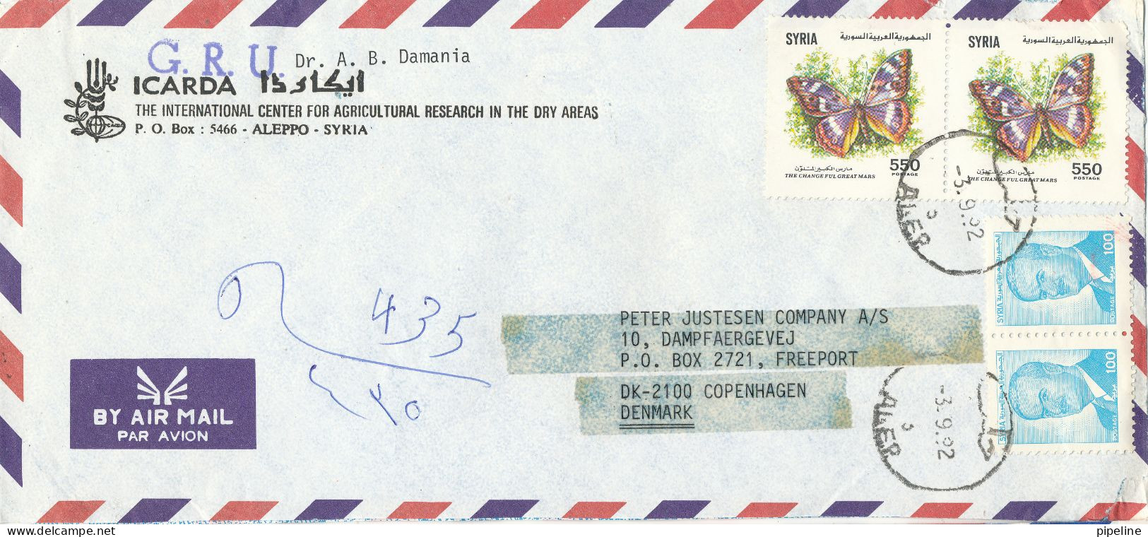 Syria Registered Air Mail Cover Sent To Denmark 3-9-1992 Topic Stamps (from The International Center For Agricultural Re - Syria