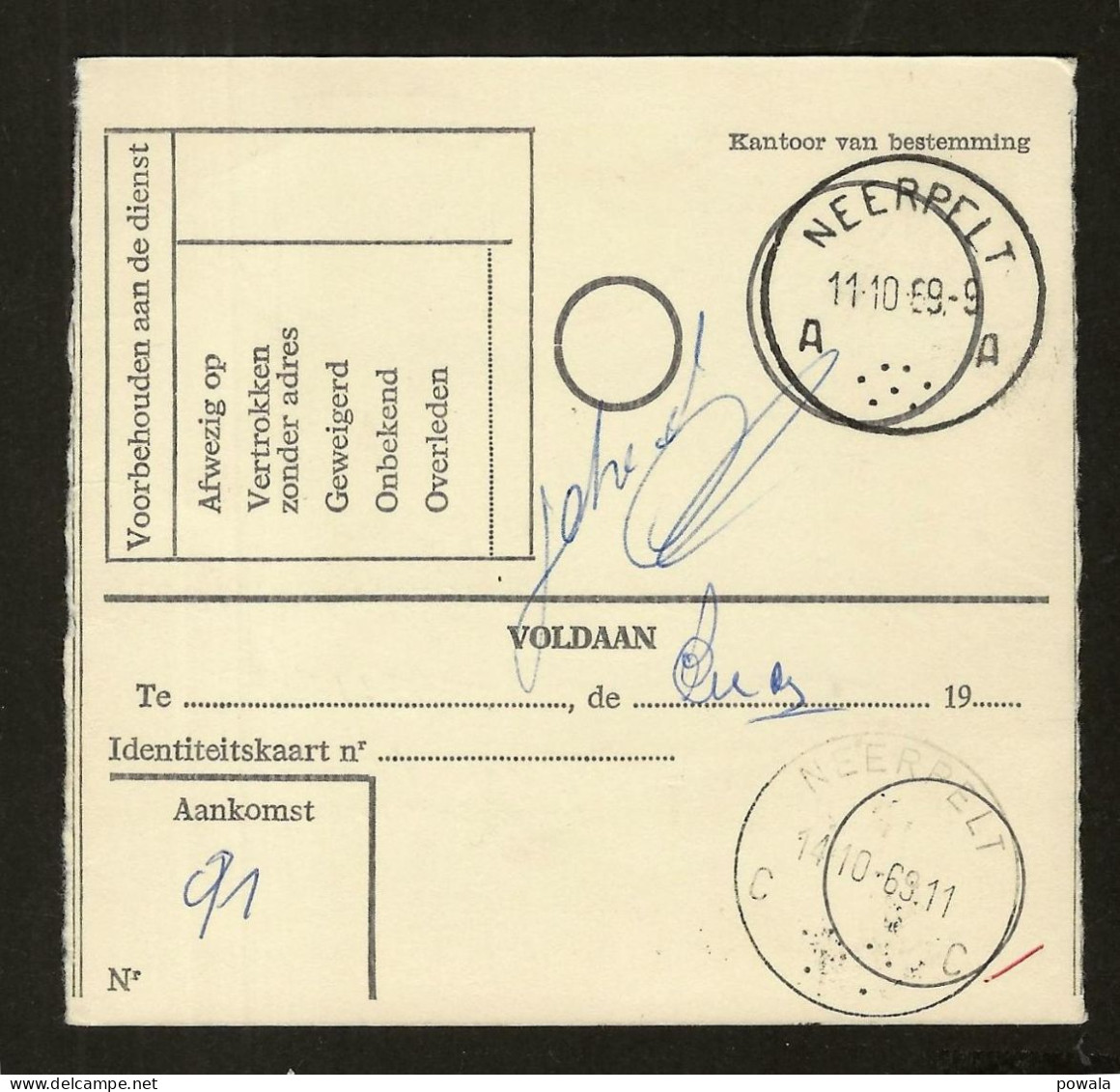 Sterstempel Bestellershalte St HUIBRECHTS-LILLE 19/10/1969 Op Postwissel Naar Neerpelt - Bolli A Stelle