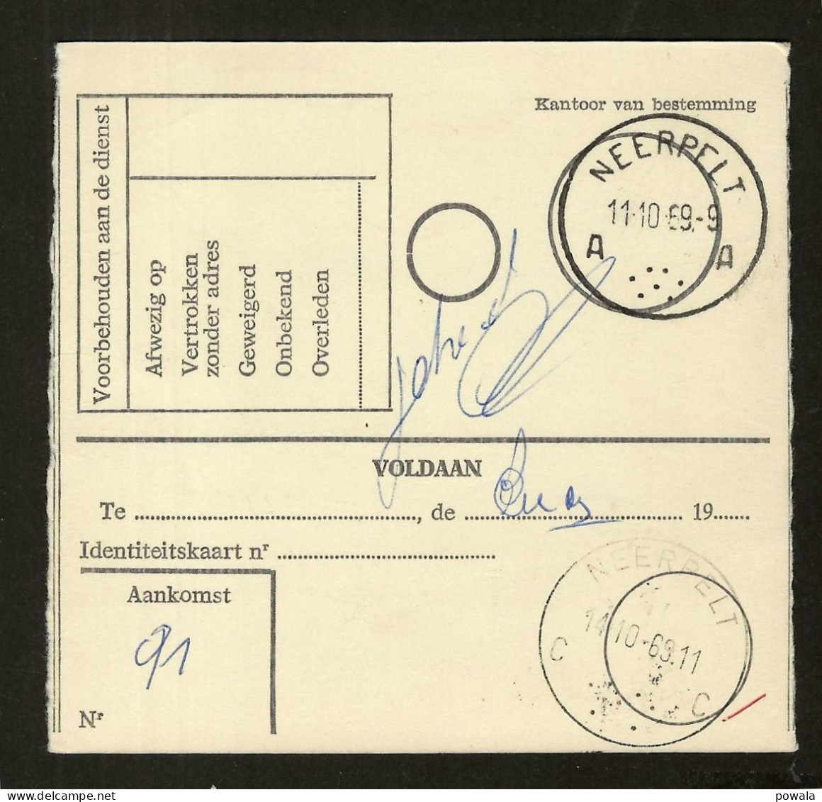 Sterstempel Bestellershalte St HUIBRECHTS-LILLE 19/10/1969 Op Postwissel Naar Neerpelt - Cachets à étoiles