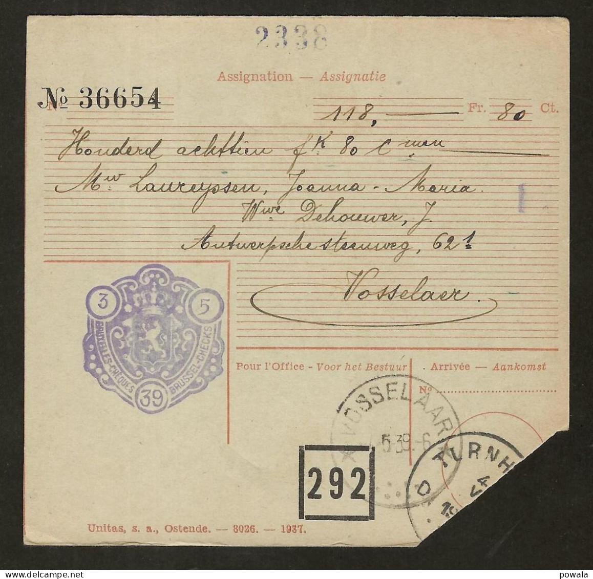 Sterstempel Depot-relais VOSSELAAR 8/5/1939 Op Assignatie - Sternenstempel