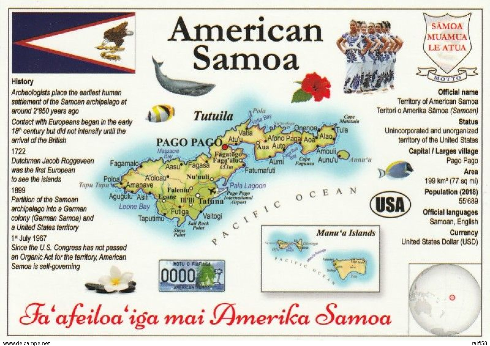 1 Map Of American Samoa * 1 Ansichtskarte Mit Der Landkarte Von Amerikanisch Samoa Informationen Und Flagge Des Landes - Maps