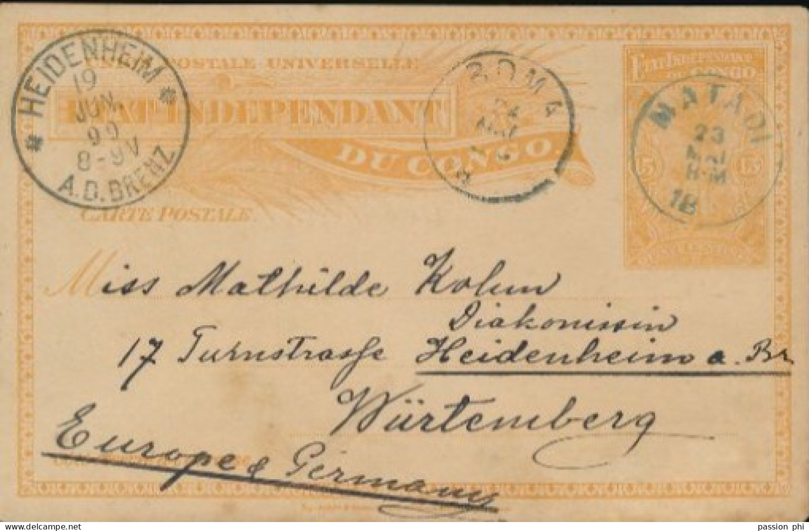 TT BELGIAN CONGO PS SBEP 15 FROM MATADI 23.05.1899 TO WURTEMBERG GERMANY - Stamped Stationery