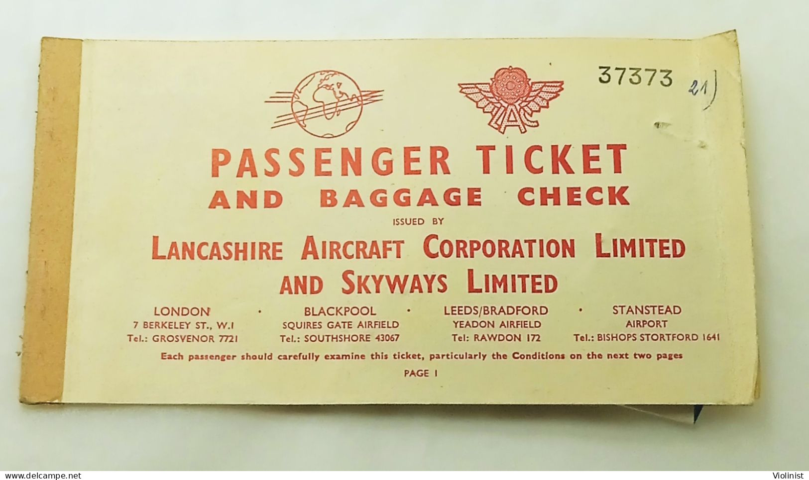 Lancashire Aircraft Corporation-Passenger Ticket And Baggage Check-1955. - Tickets