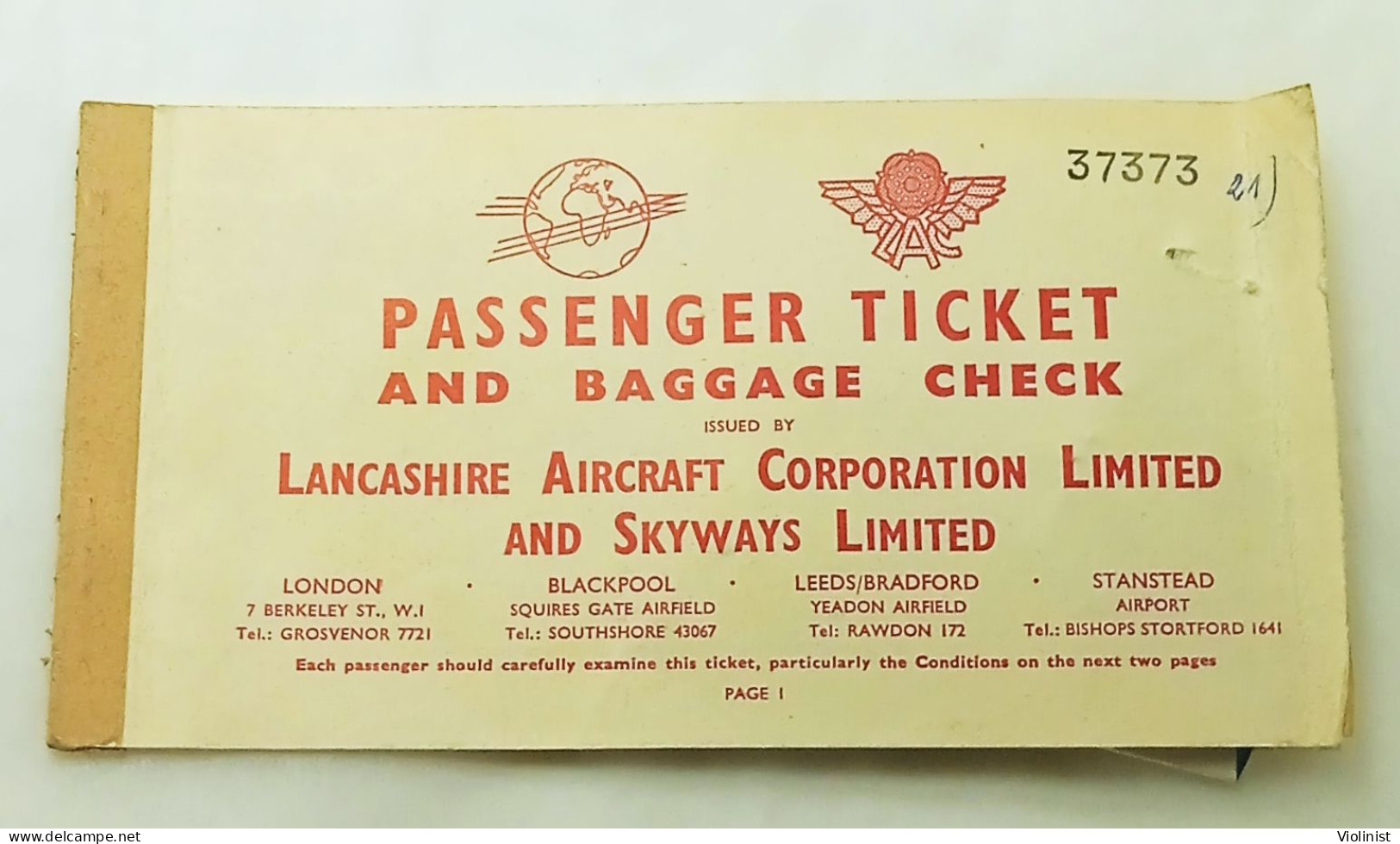 Lancashire Aircraft Corporation-Passenger Ticket And Baggage Check-1955. - Tickets