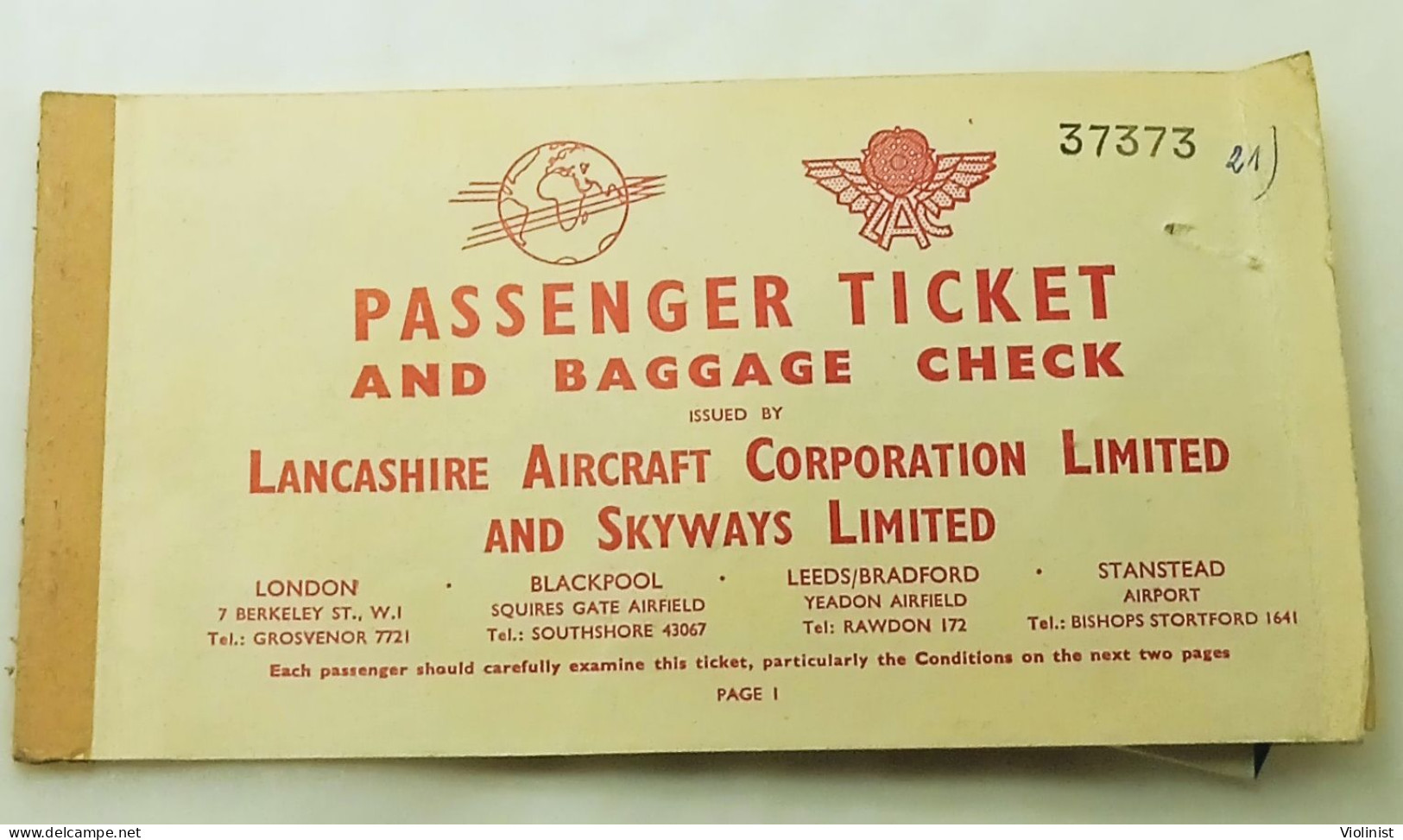 Lancashire Aircraft Corporation-Passenger Ticket And Baggage Check-1955. - Biglietti