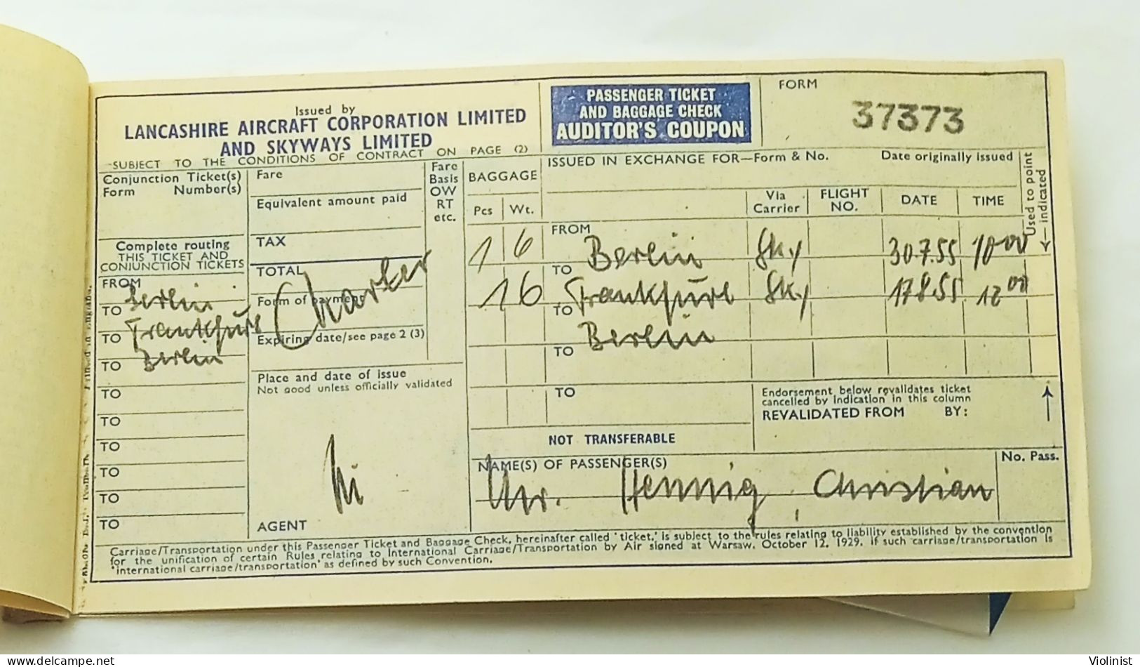 Lancashire Aircraft Corporation-Passenger Ticket and baggage check-1955.