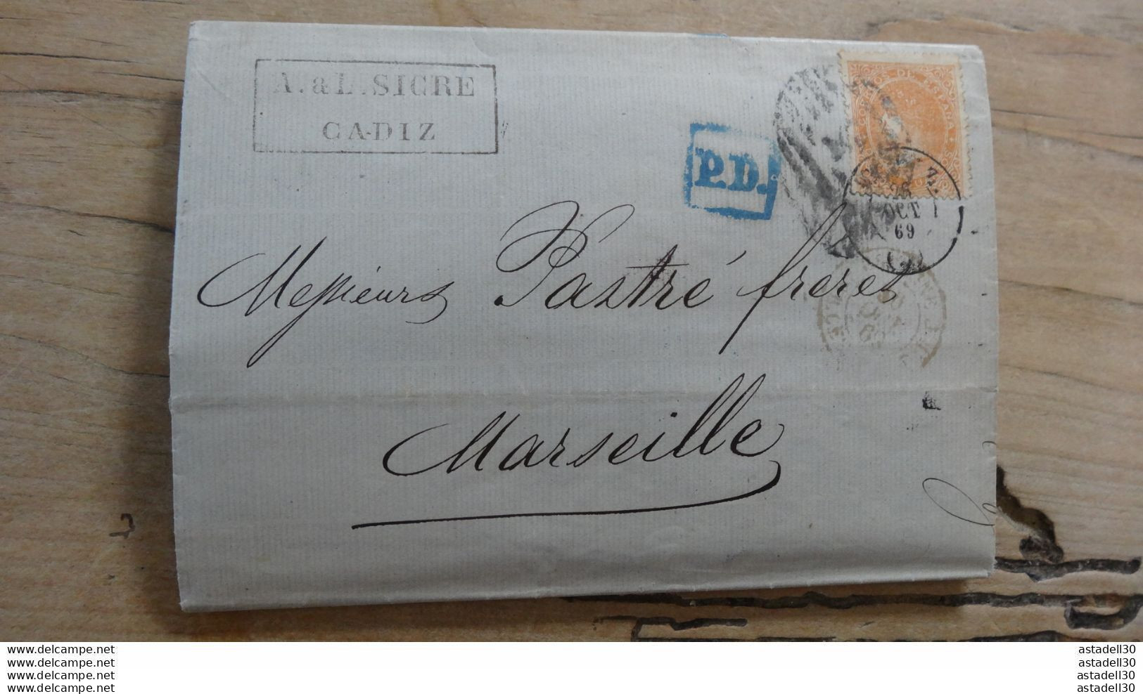 ESPAGNE : Lettre De 1869 Postée De CADIZ Pour MARSEILLE  .....E-26 - Briefe U. Dokumente