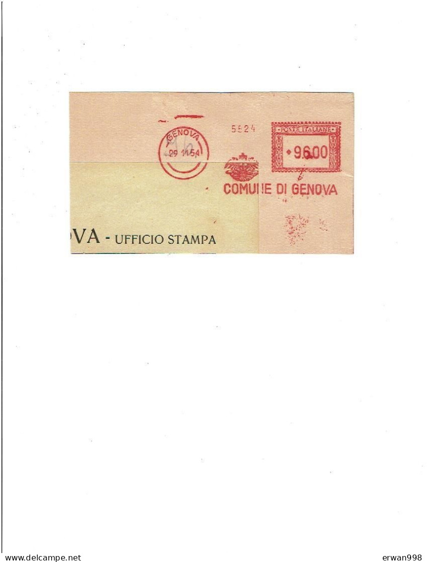 ITALIE EMA Rouge  Du 28/11/1954 Comune De GENOVA Blason 988 - Franking Machines (EMA)