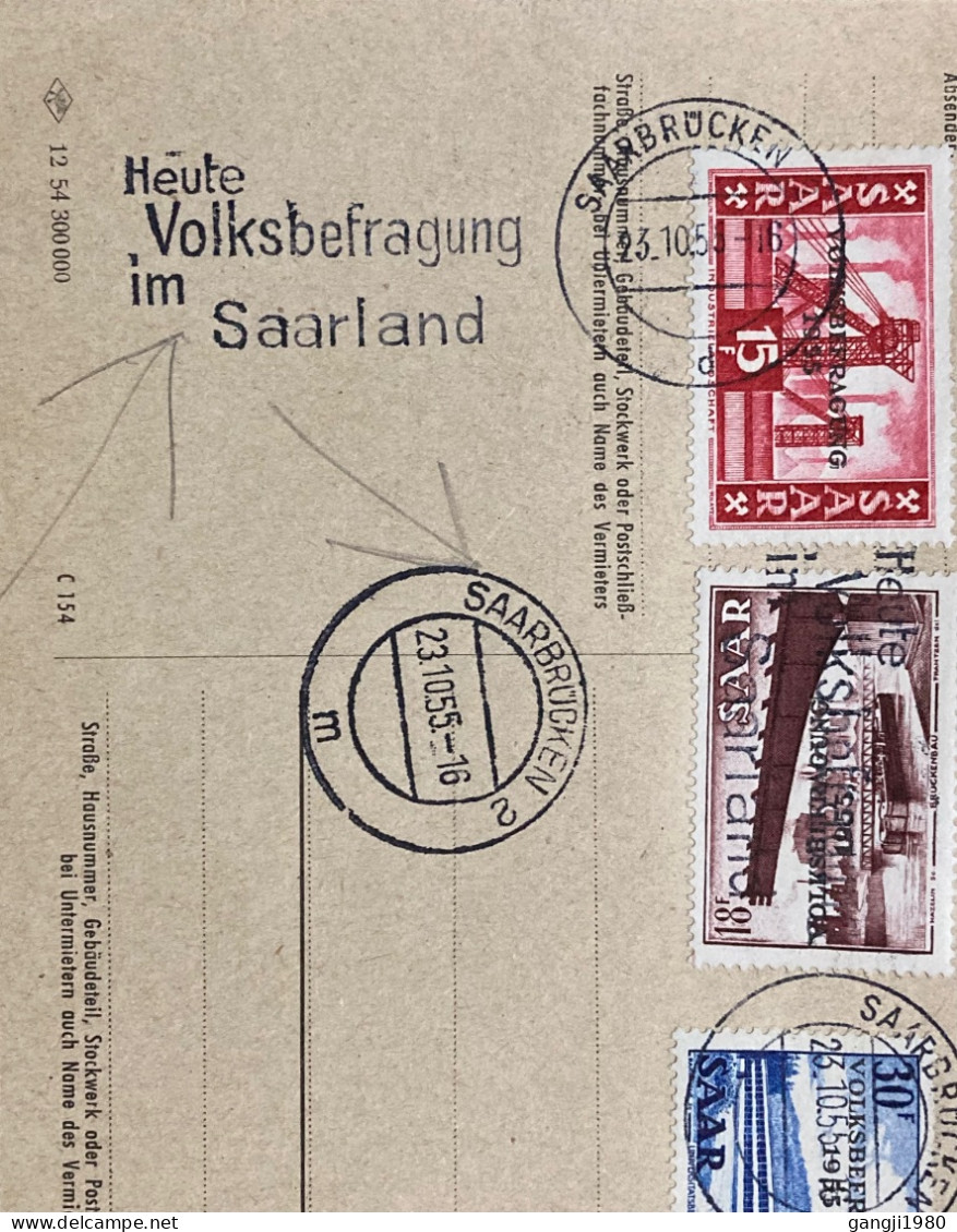 SAAR 1955, CARD USED, MACHINE SLOGAN, PEOPLE SURVEY SAARLAND, 3 DIFF STAMP, FULL SET OVER PRINT, SAARBRUCKEN CITY CANCEL - Covers & Documents