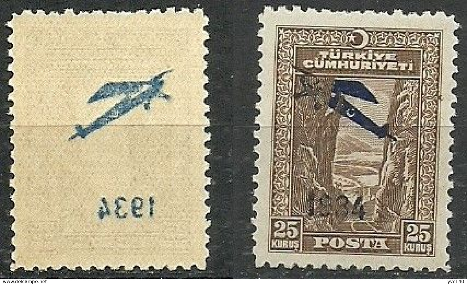 Turkey; 1934 Surcharged Airmail Stamp (1st Issue) 25 K. "Missing & Abklatsch ERROR" - Nuevos