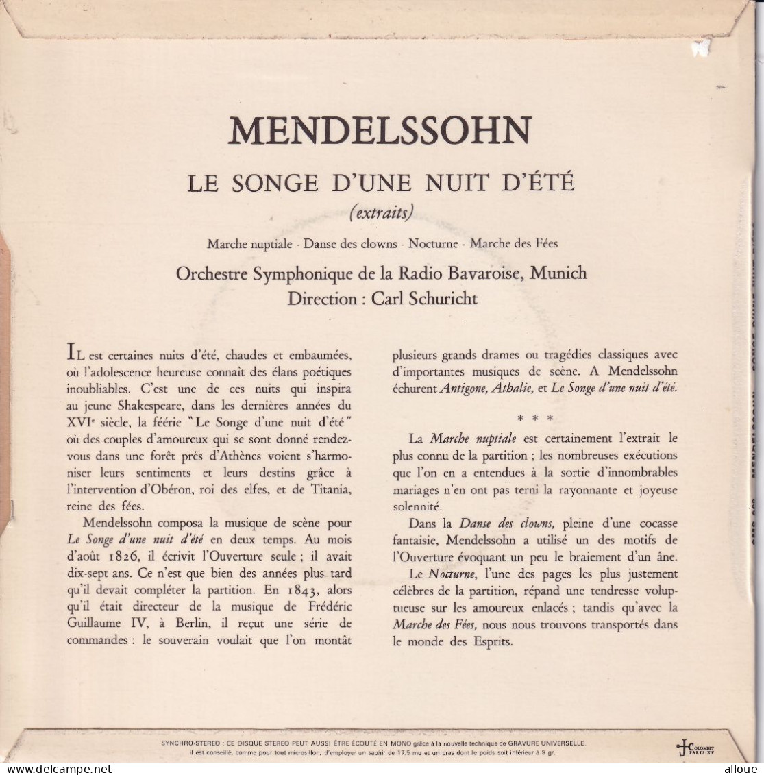MENDELSSOHN - LE SONGE D'UNE NUIT D'ETE  - FR EP - ORCHESTRE SYMPHONIQUE DE LA RADIO BAVAROISE - CARL SCHURICHT - Clásica