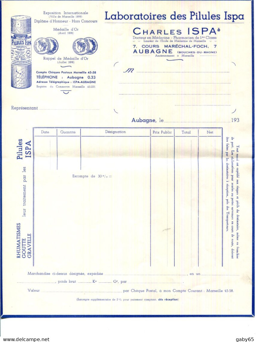 FACTURE.13.AUBAGNE.LABORATOIRES DES PILULES ISPA.CHARLES ISPA PHARMACIEN 7 COURS MARÉCHAL FOCH. - Drogerie & Parfümerie