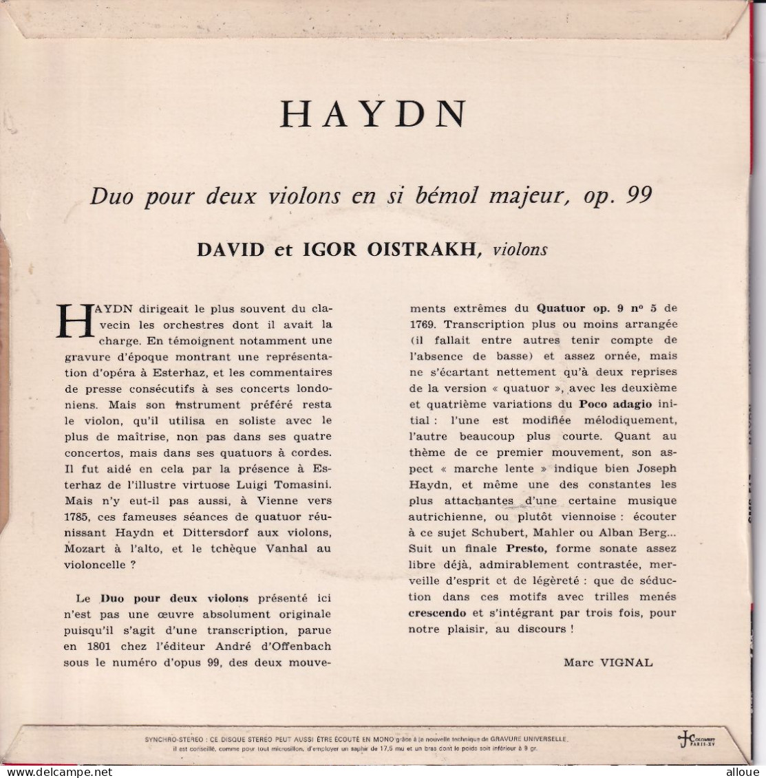DAVID & IGOR OISTRAKH JOUENT HAYDN - FR EP - DUO POUR DEUX VIOLONS EN SI BEMOL MAJEUR, OP. 99 - Classica