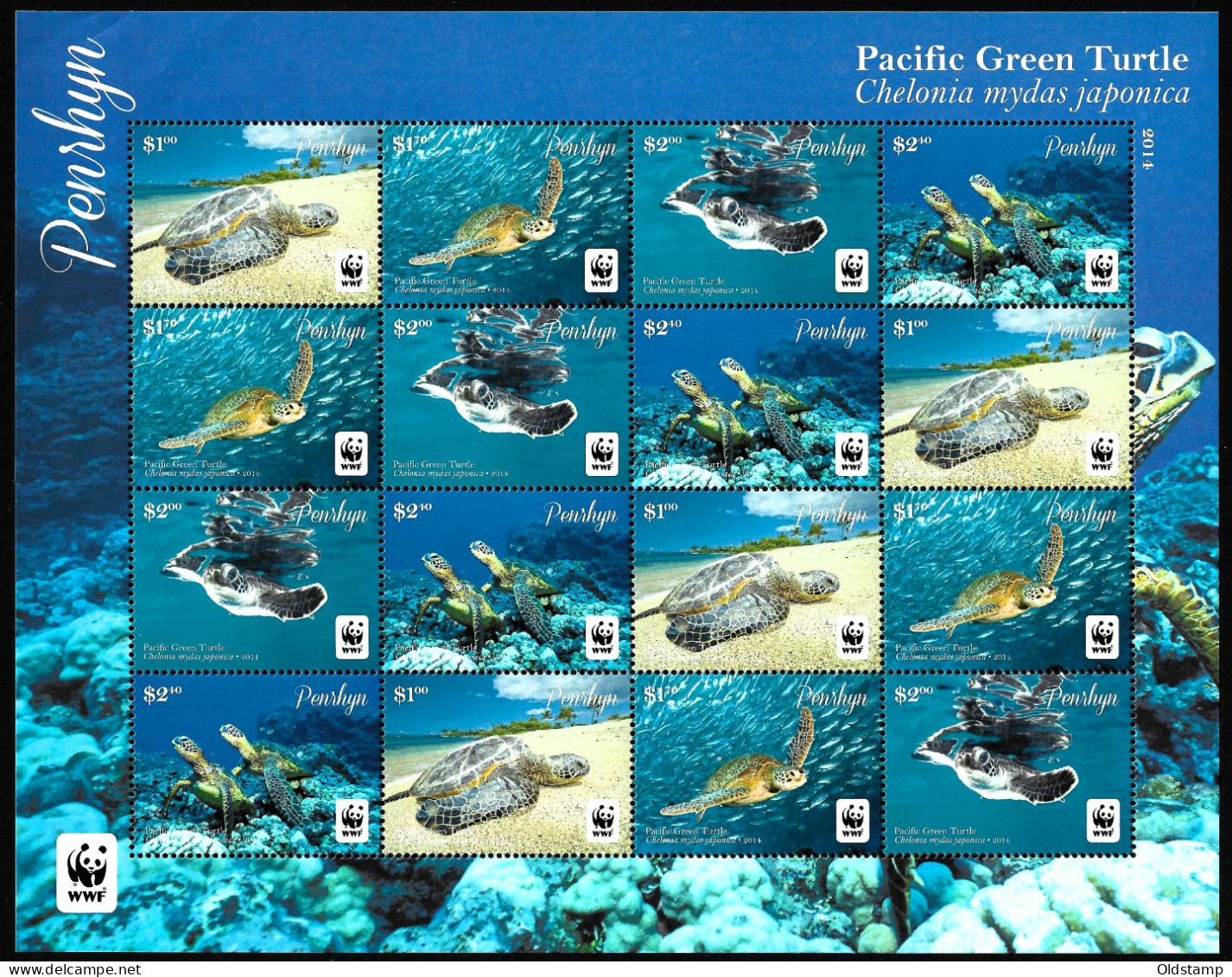 Penrhyn Cook Islands 2014 W.W.F. Green Turtle Ocean Marine Reptile Amphibian Wildlife MNH Stamps Full Sheet Mi. 761-764 - Tortues