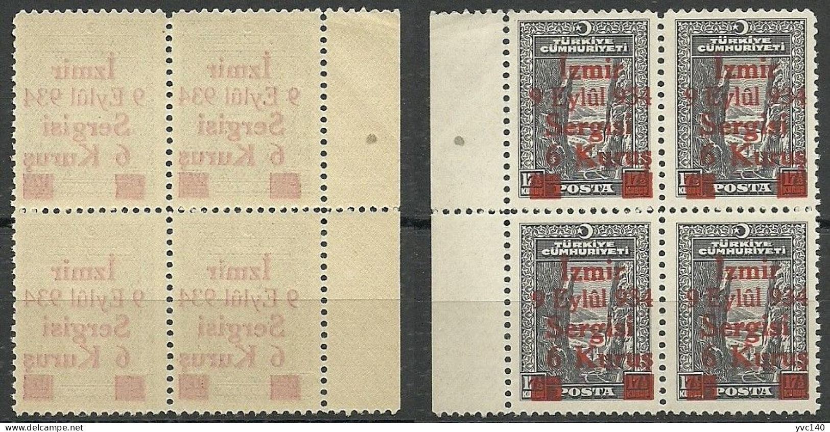 Turkey; 1934 Surcharged Commemorative Stamp For Smyrna Fair "Abklatsch" ERROR (Block Of 4) - Ungebraucht