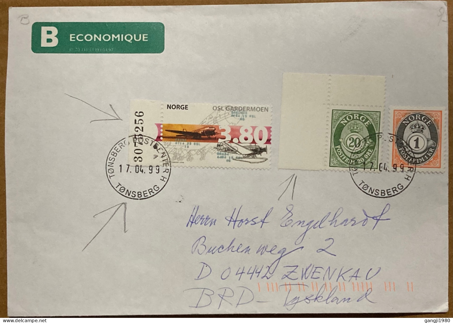 NORWAY 1999, COVER USED GERMANY, 3 DIFF STAMP, POST HORN,  OSLO AIRPORT, PLATE NUMBER, TONSBERG CITY CANCEL - Covers & Documents