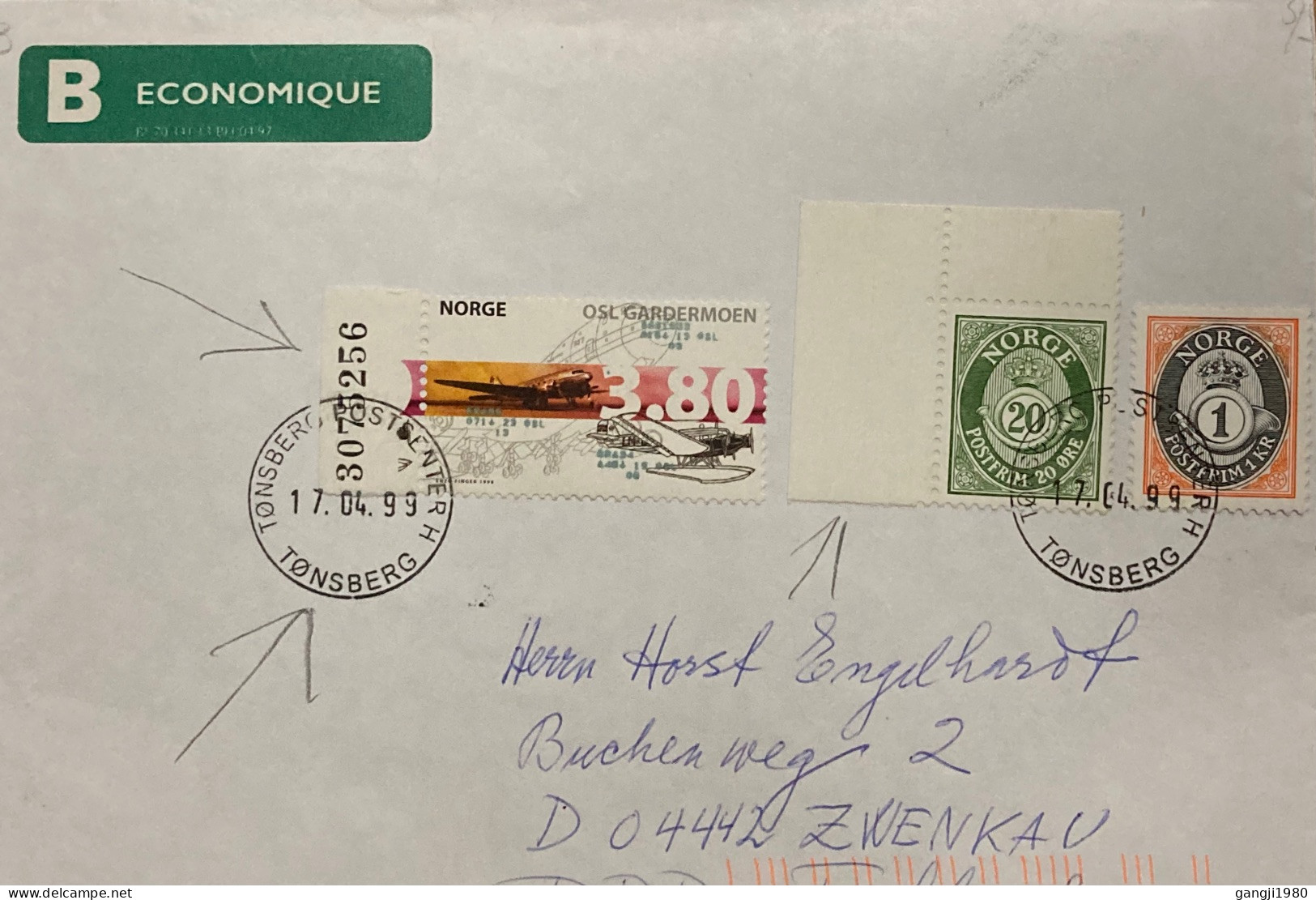 NORWAY 1999, COVER USED GERMANY, 3 DIFF STAMP, POST HORN,  OSLO AIRPORT, PLATE NUMBER, TONSBERG CITY CANCEL - Storia Postale