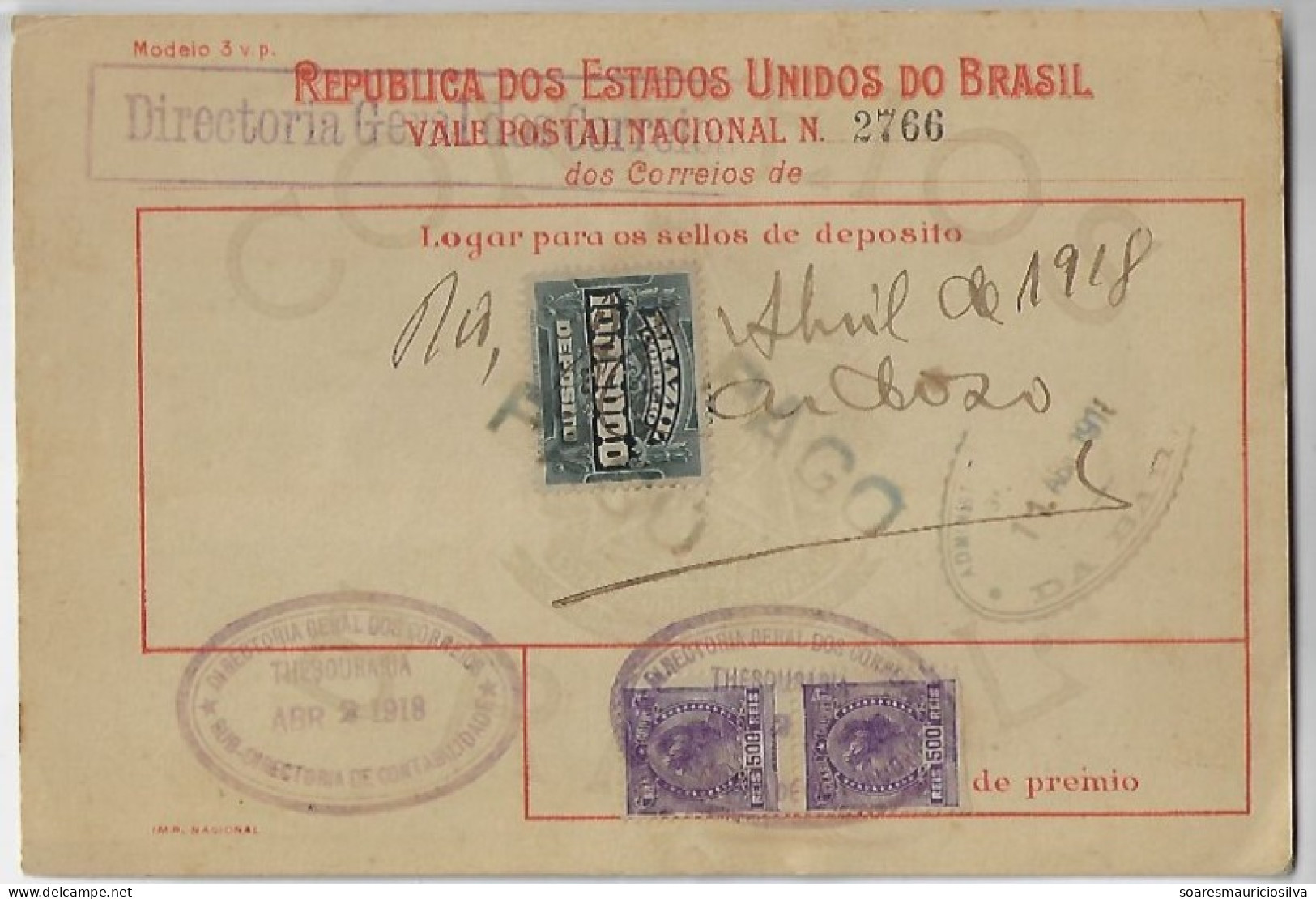 Brazil 1918 Money Order Sent To Bahia Vale Postal Stamp 100$000 100,000 Réis + 2 Definitive 500 Réis - Storia Postale