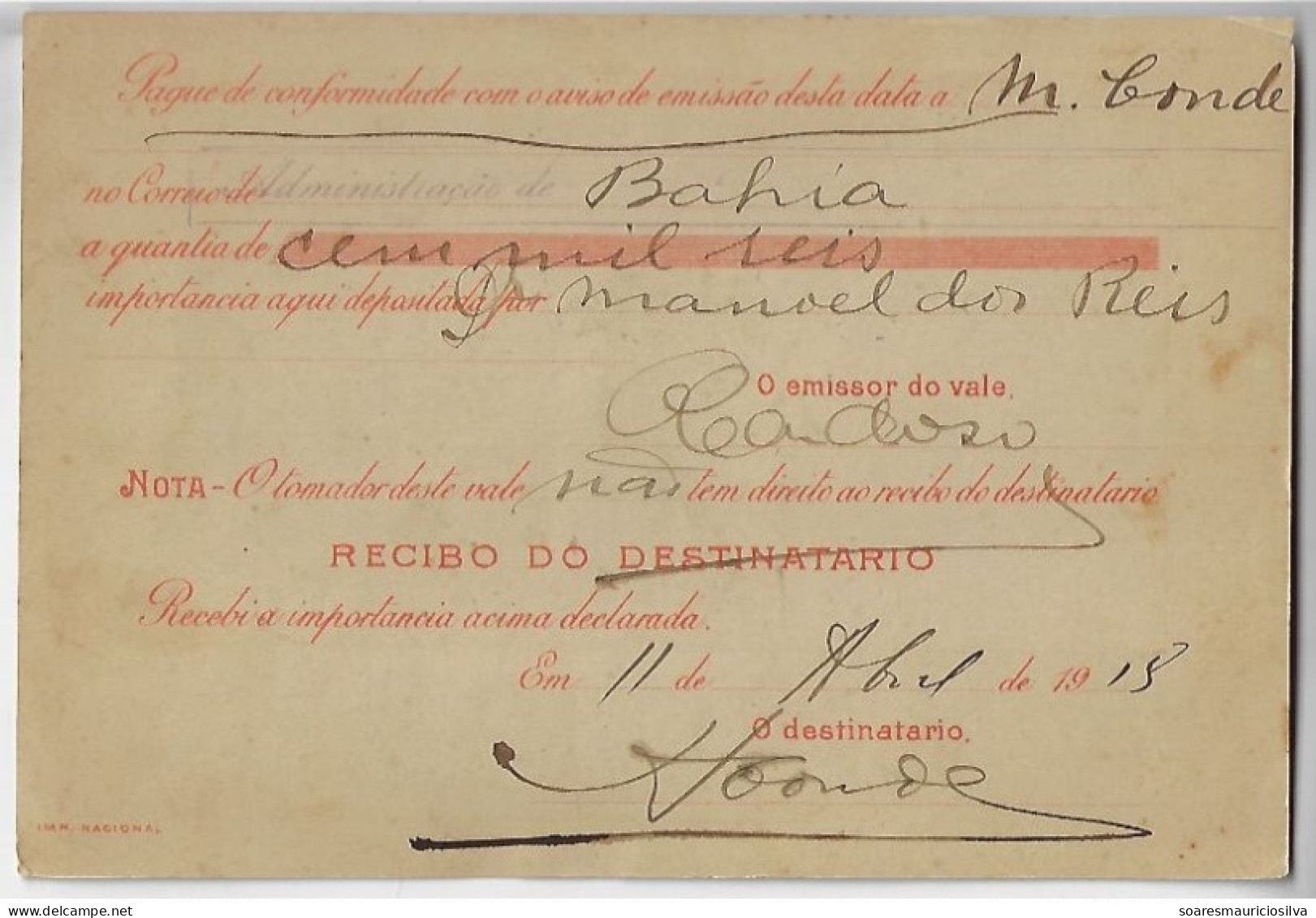 Brazil 1918 Money Order Sent To Bahia Vale Postal Stamp 100$000 100,000 Réis + 2 Definitive 500 Réis - Lettres & Documents