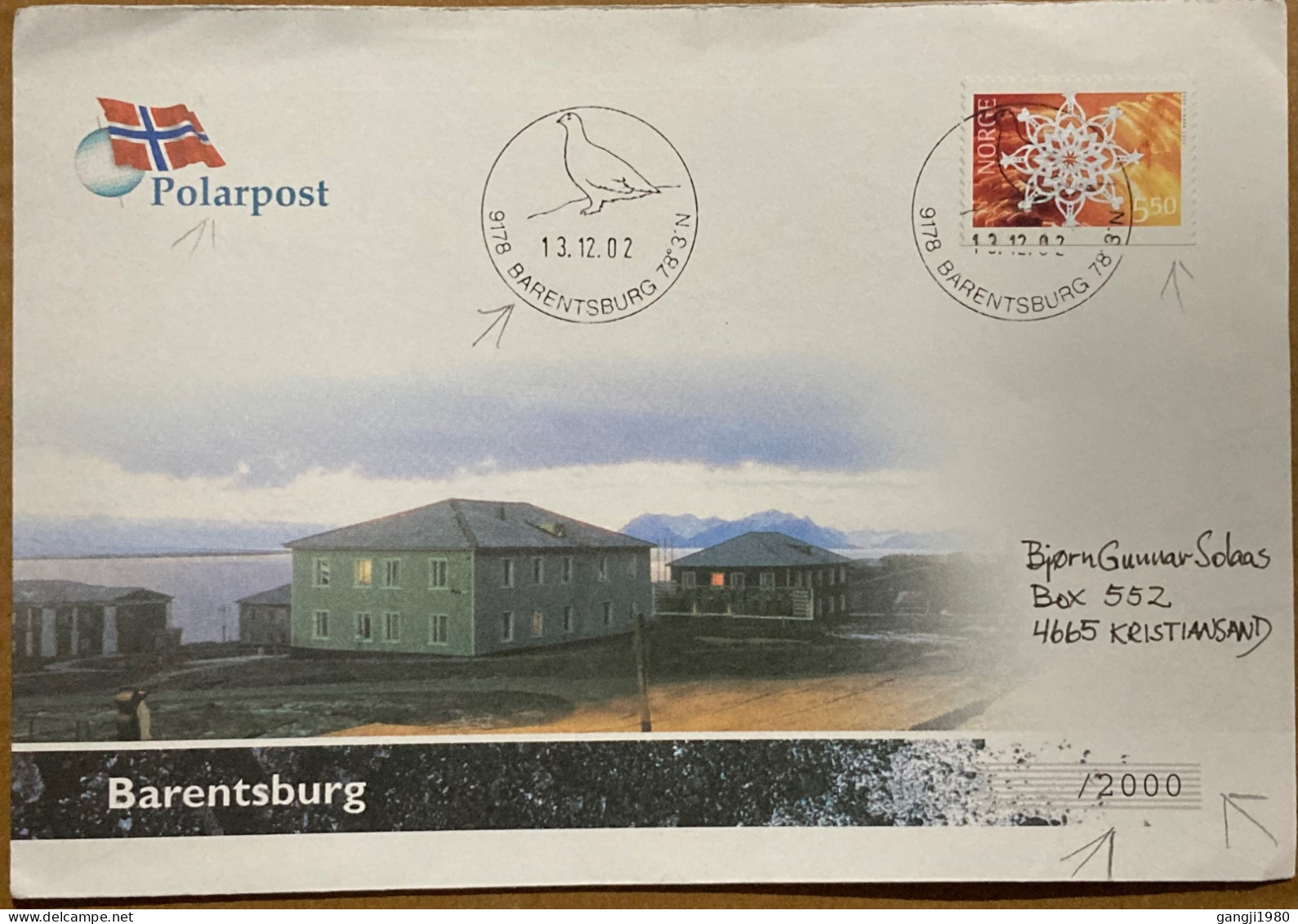 NORWAY 2002, SPECIAL ILLUSTRATE, ONLY 2000 PRINTED, POLAR POST COVER, BARENTSBURG CITY BIRD CANCEL. - Covers & Documents