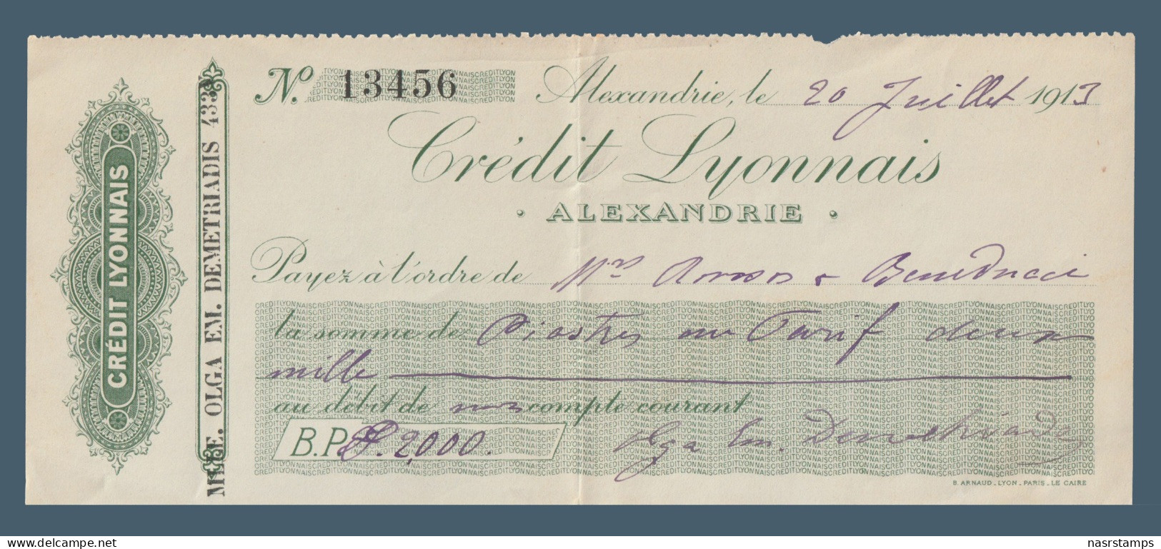 Egypt - 1913 - Vintage Check - ( Credit Lyonnais Bank, Alex. ) - Nuevos